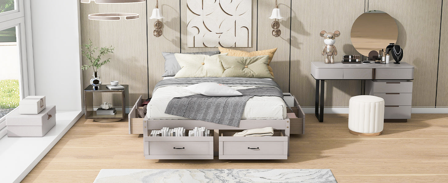 Queen Size Platform Bed With 6 Storage Drawers,Antique White Antique White Mdf Lvl