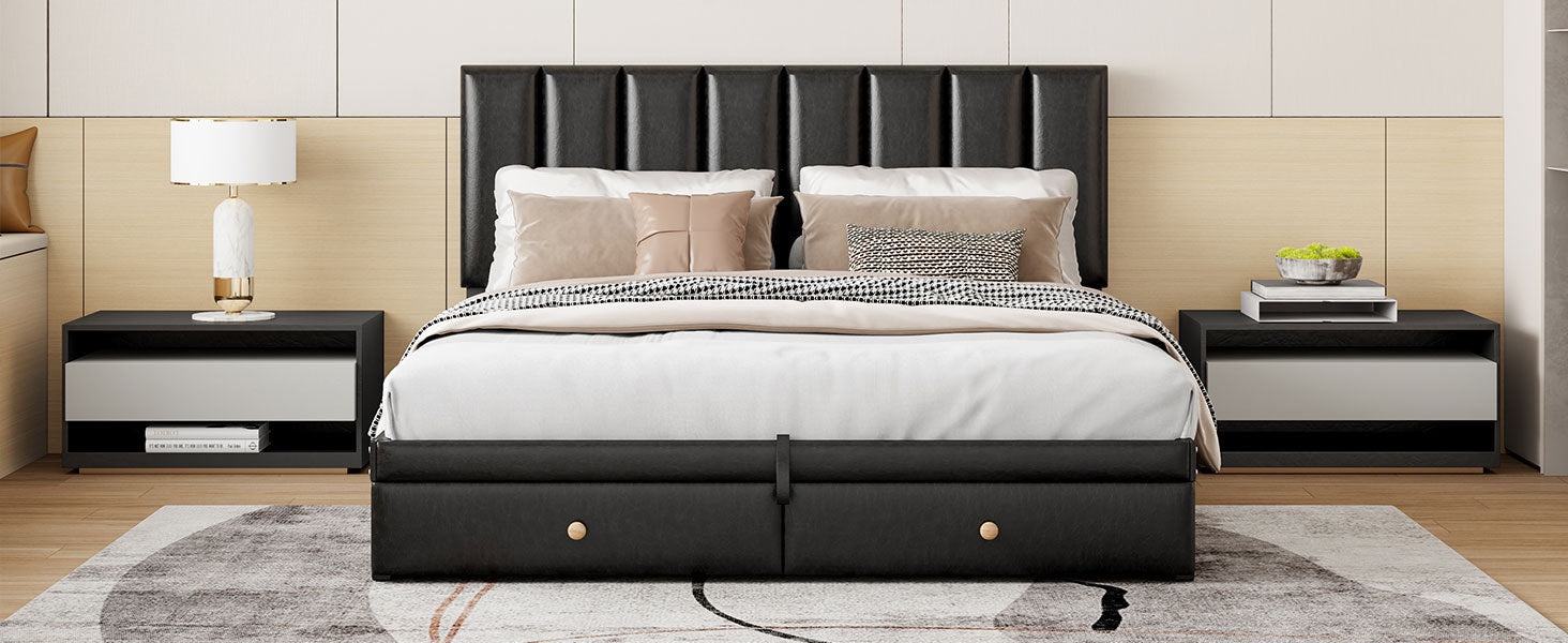 Queen Size Upholstered Bed With Hydraulic Storage System And Drawer, Black Black Pu Leather