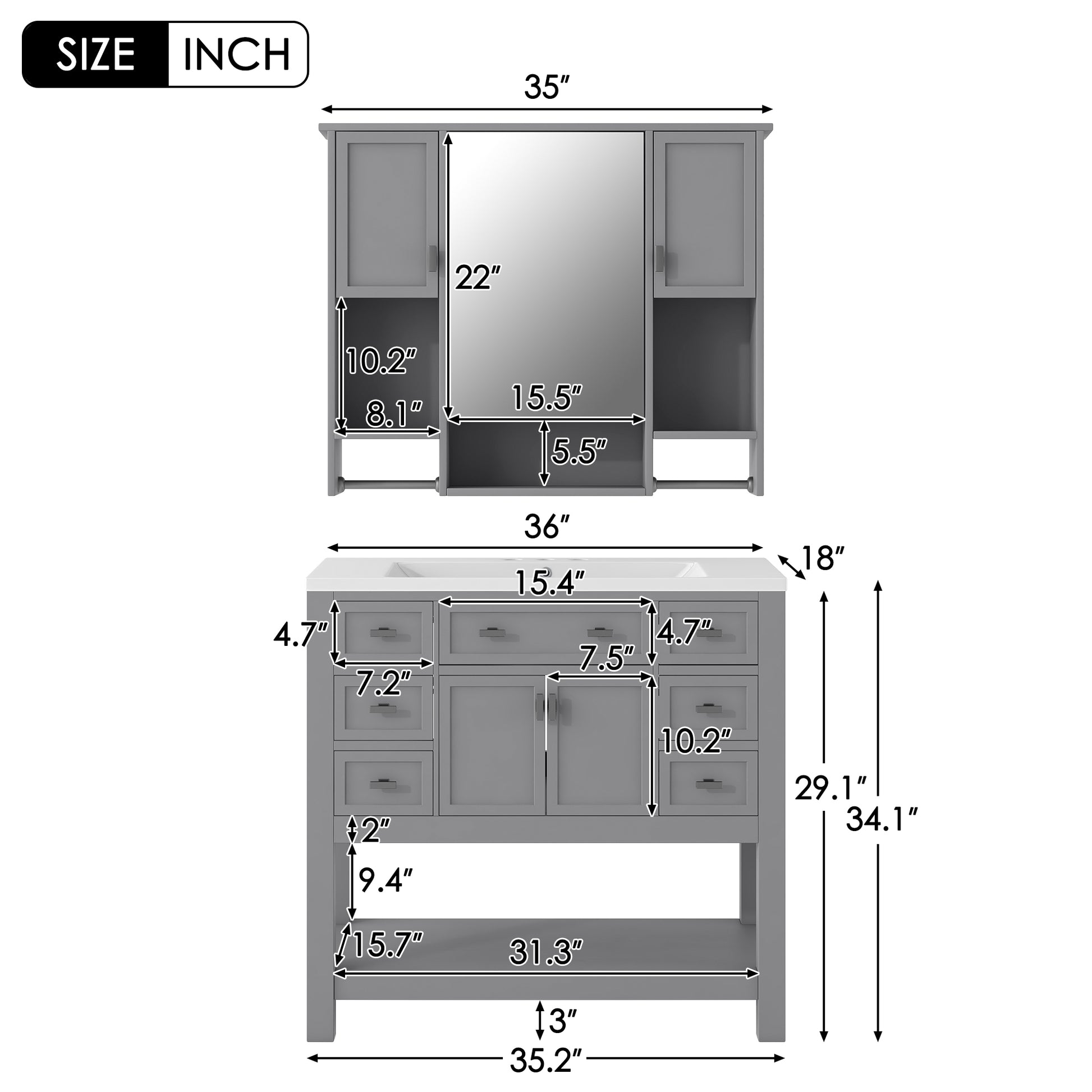 36'' Bathroom Vanity With Top Sink, Modern Mirror Cabinet With Towels Bar, Bathroom Storage Cabinet With 2 Soft Closing Doors And 6 Drawers, Single Sink Bathroom Vanity 4 Grey 4 Bathroom Freestanding Solid Wood Mdf Resin