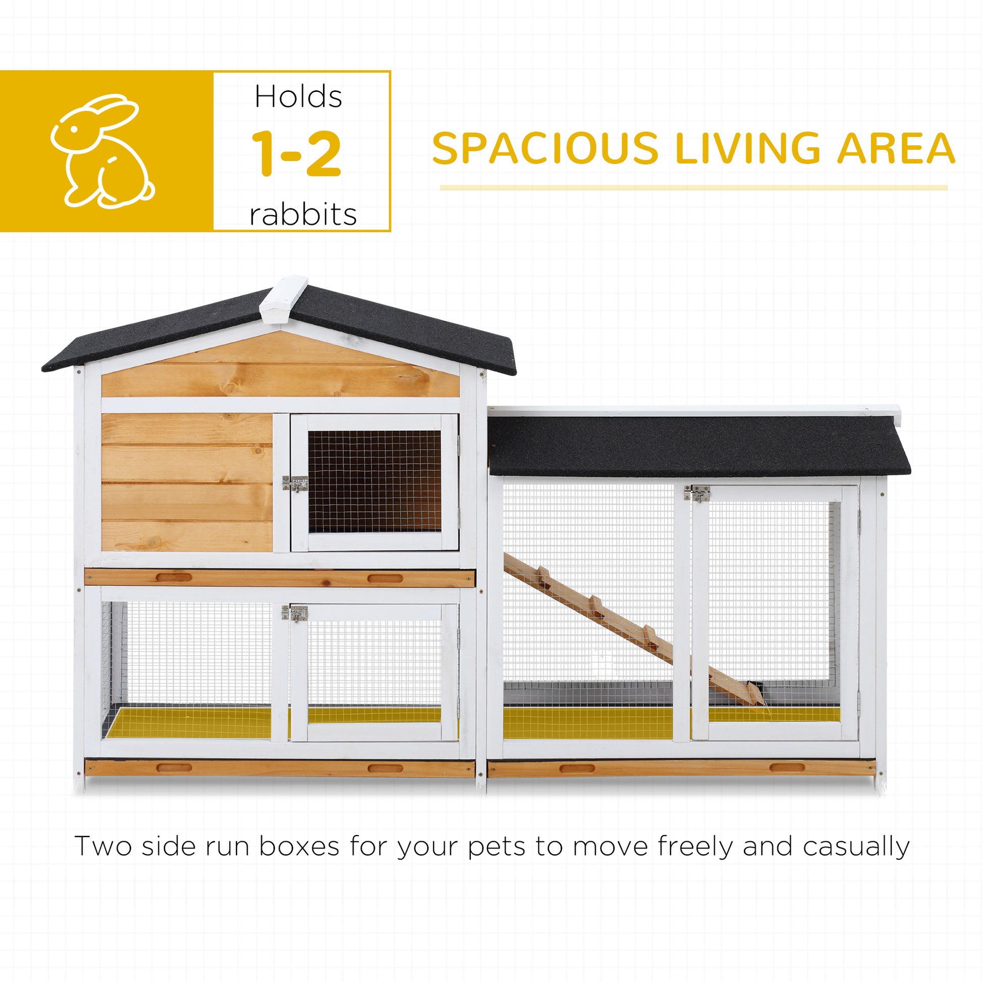 Pawhut 2 Story Rabbit Hutch Wooden Bunny Hutch Cage Small Animal House With Ramp, No Leak Tray, Weatherproof Roof And Outdoor Run, Indoor Outdoor, Yellow Yellow Wood