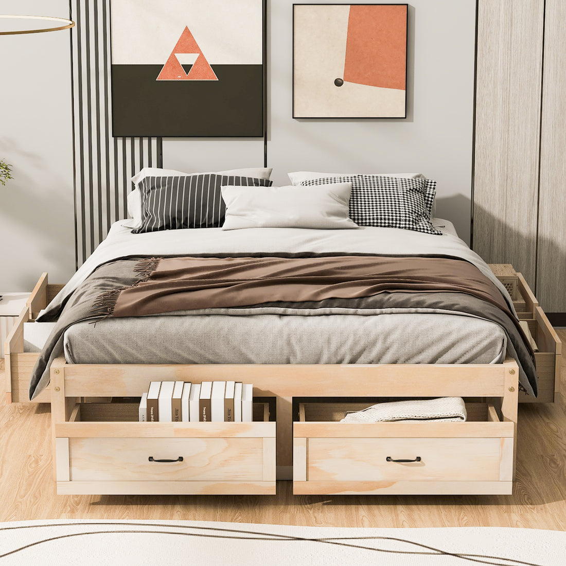 Queen Size Platform Bed With 6 Storage Drawers,Antique Natural Antique Natural Mdf Lvl