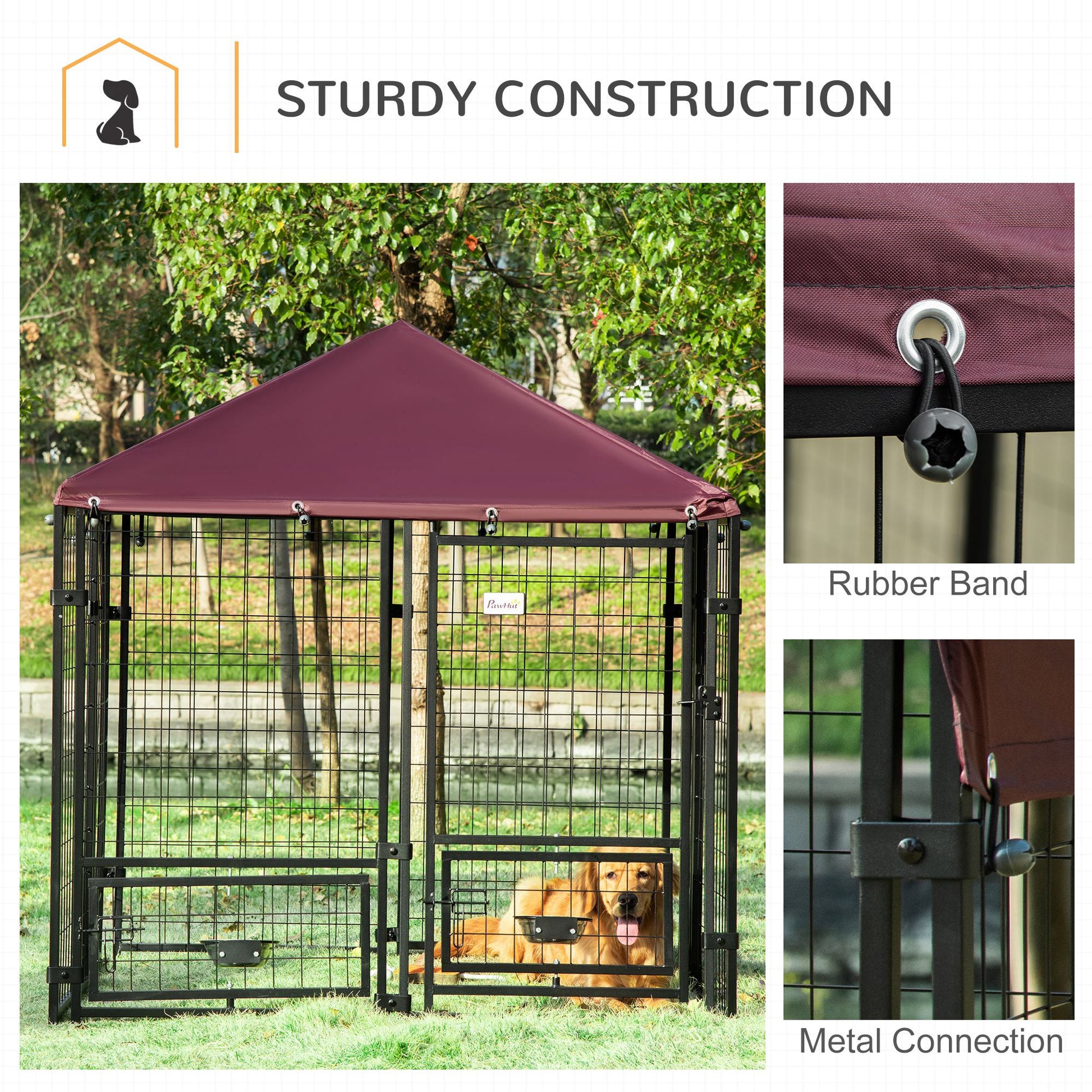 Pawhut 5' X 5' X 5' Dog Kennel Outdoor With Rotating Bowl Holders, Walk In Pet Playpen, Welded Wire Steel Dog Fence With Water And Uv Resistant Canopy, Black And Red Red Steel