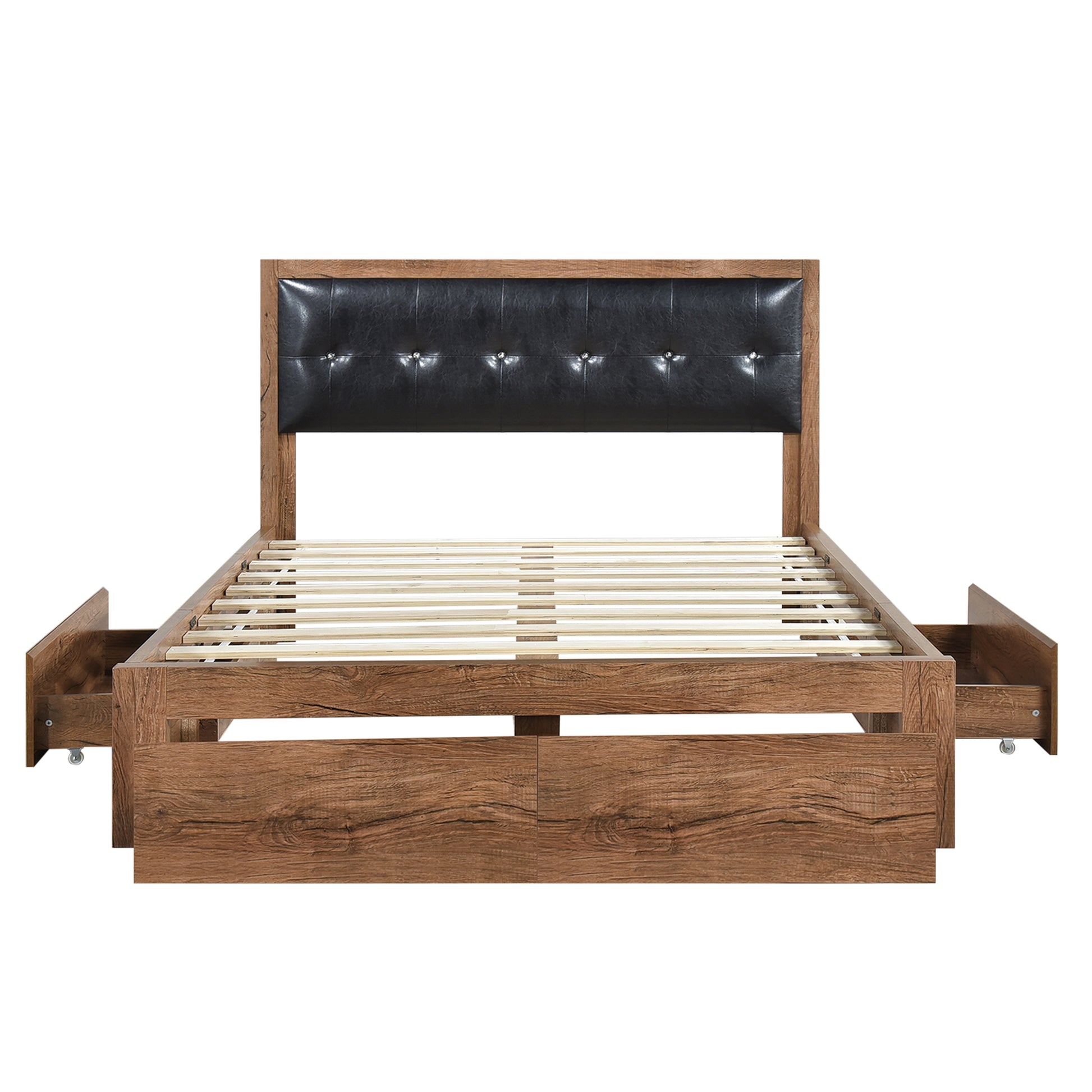 Queen Size Wood Platform Bed With Upholstered Headboard And 4 Drawers Box Spring Not Required Queen Walnut Wood Bedroom Bed Frame Faux Leather Solid Wood Mdf