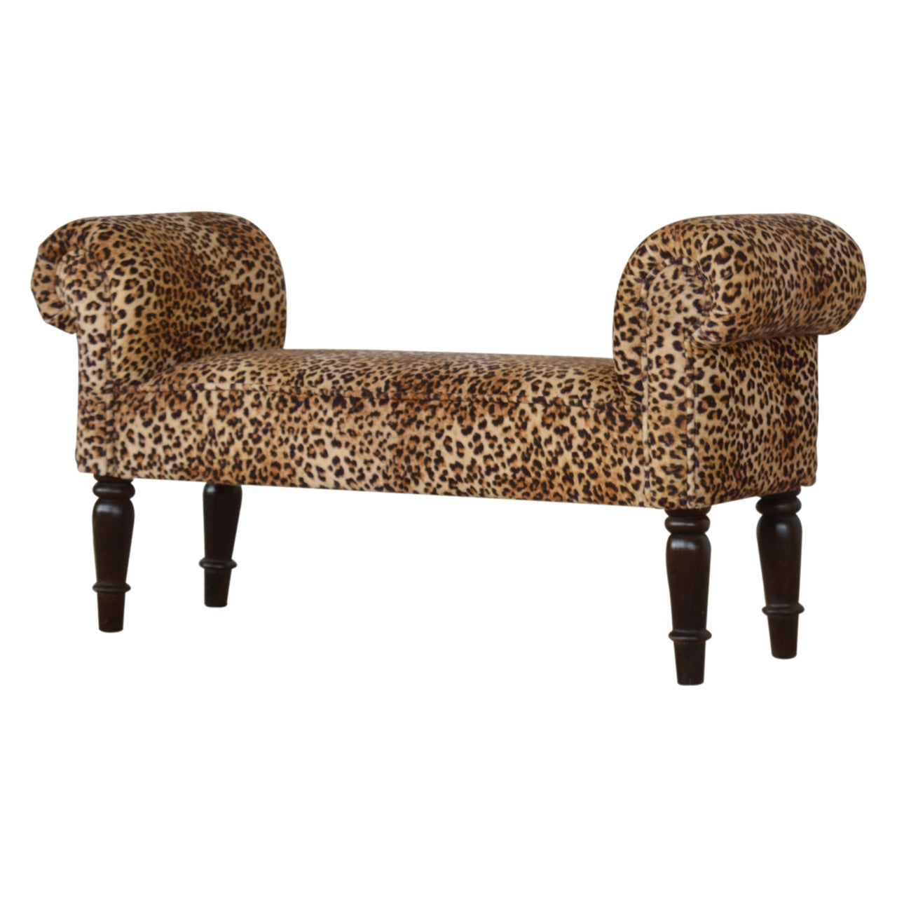 Leopard Print Velvet Bench Walnut Wood Fabric