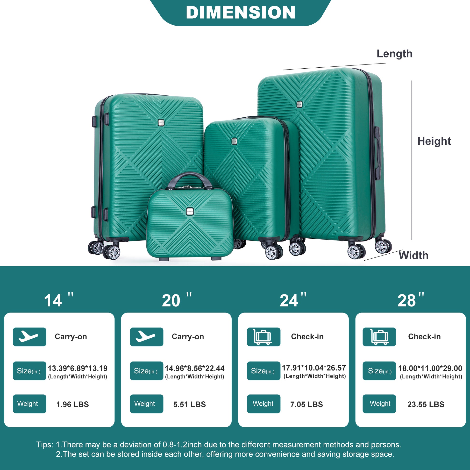 4 Piece Abs Lightweight Suitcase, 14 Inch Makeup Box, Aircraft Wheels 14 20 24 28 Dark Green Dark Green Abs