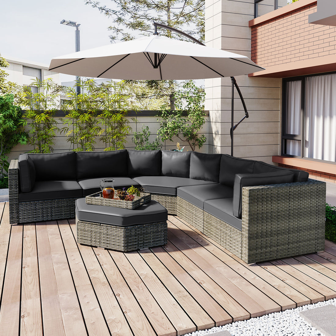 Patio Furniture Set, 6 Piece Outdoor Conversation Set All Weather Wicker Sectional Sofa With Ottoman And Cushions And Small Trays Grey Rattan