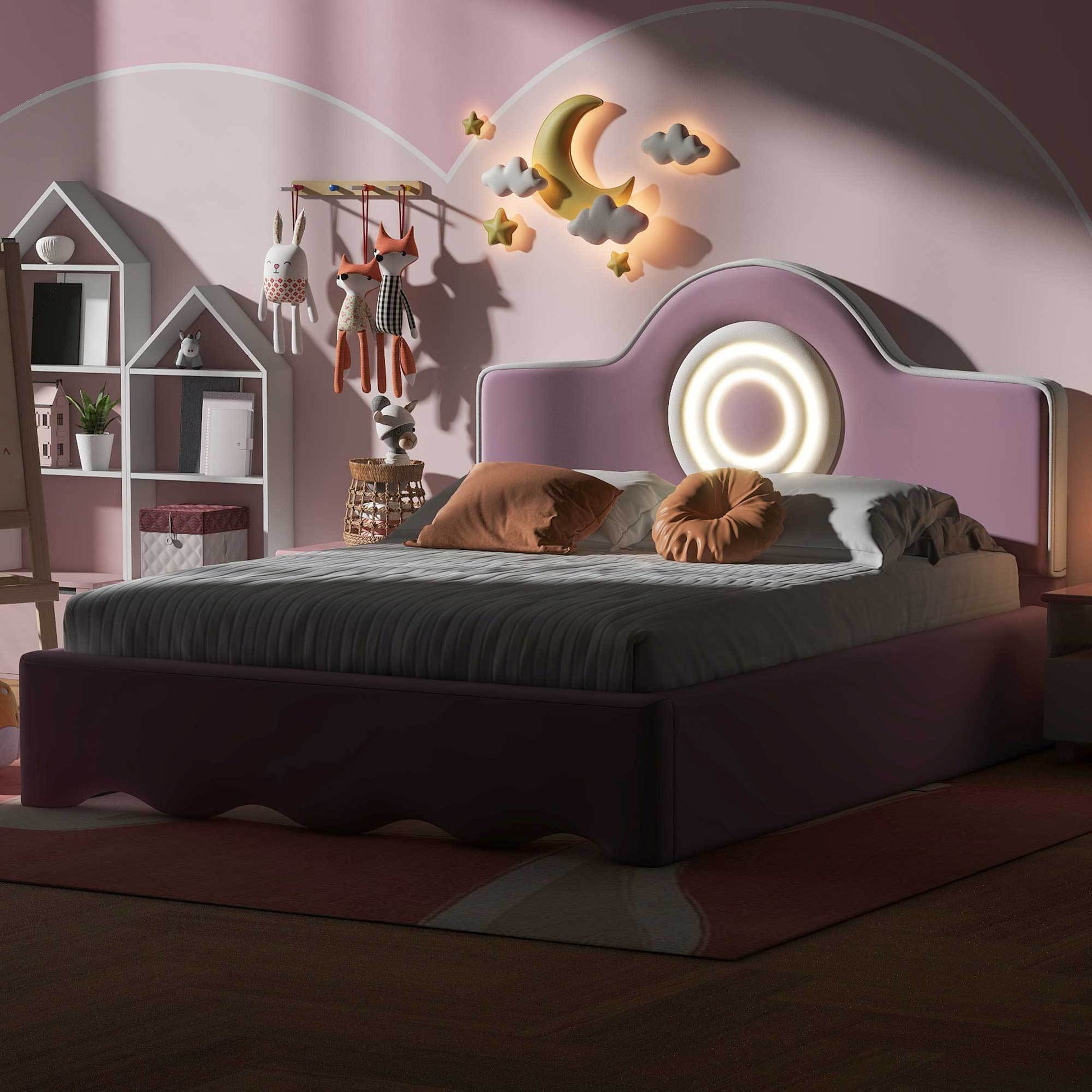 Full Size Upholstered Platform Bed With Led Headboard, Pink Box Spring Not Required Full Pink Wood Bedroom Upholstered