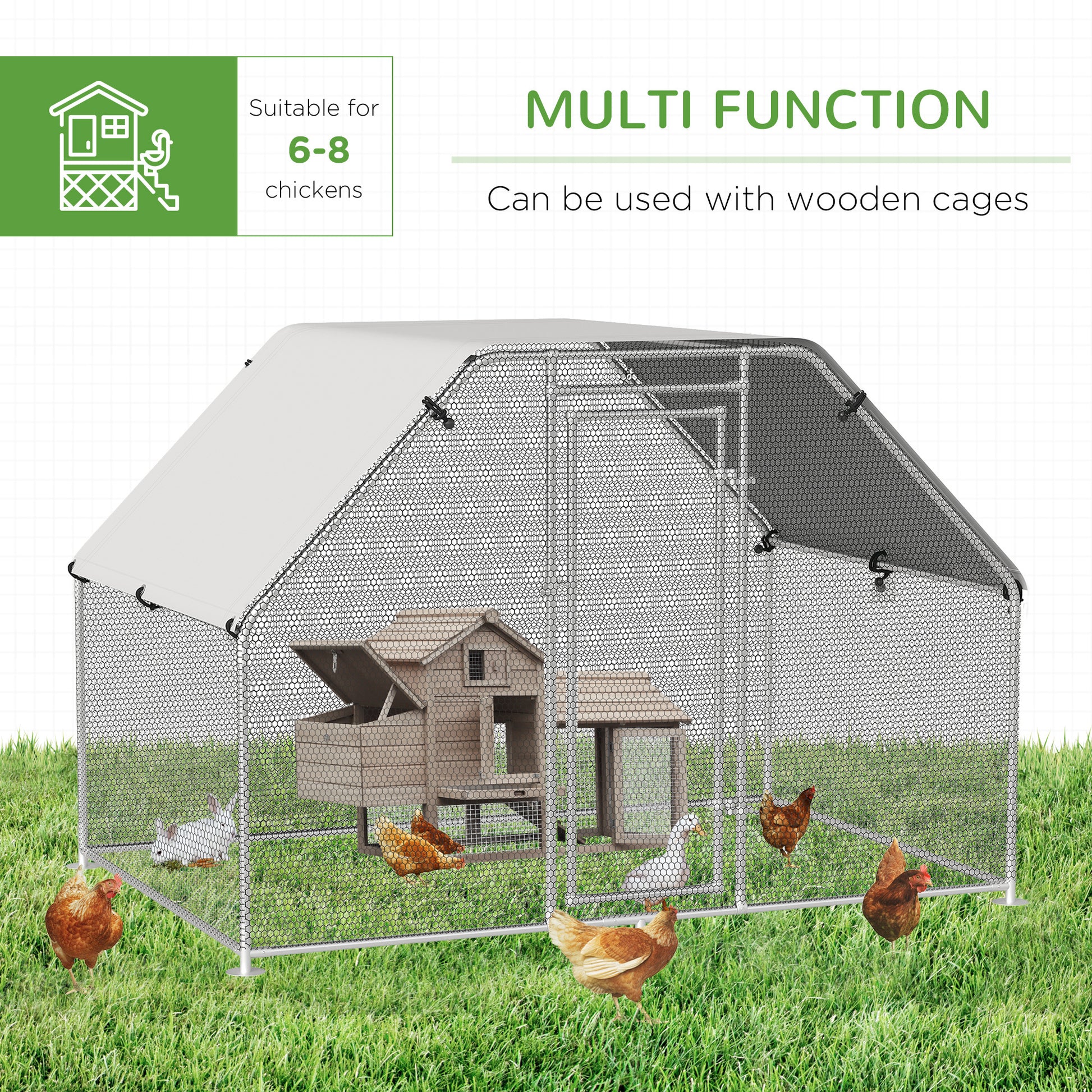 Pawhut Large Chicken Coop Metal Chicken Run With Waterproof And Anti Uv Cover, Flat Shaped Walk In Fence Cage Hen House For Outdoor And Yard Farm Use, 1.26" Tube Diameter, 9' X 6' X 6.5' Silver Steel