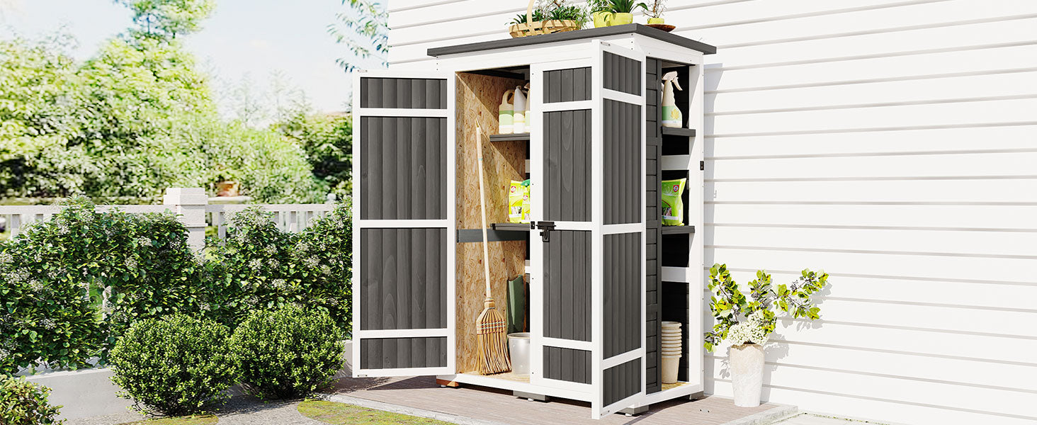 Outdoor 5.5Ft Hx4.1Ft L Wood Storage Shed, Garden Tool Cabinet With Waterproof Asphalt Roof, Four Lockable Doors, Multiple Tier Shelves, White And Gray White Gray Water Resistant Frame Garden &