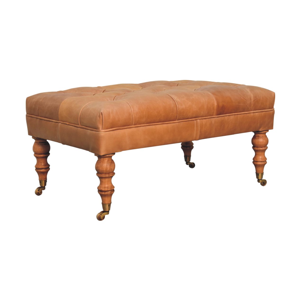 Buffalo Tan Leather Ottoman With Castor Legs Walnut Leather Solid Wood