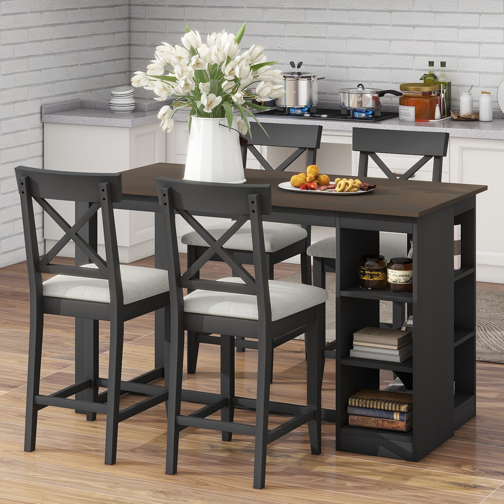 60"Lx30"W Solid Wood Farmhouse Counter Height Dining Table Set With 3 Tier Storage Shelves, Upholstered Dining Chairs For 4, 5 Piece, Gray Wood Dining Room Solid Wood Rubberwood Rectangular Dining Table With Chair Wood Wood Gray Seats 4 Farmhouse 4 Leg