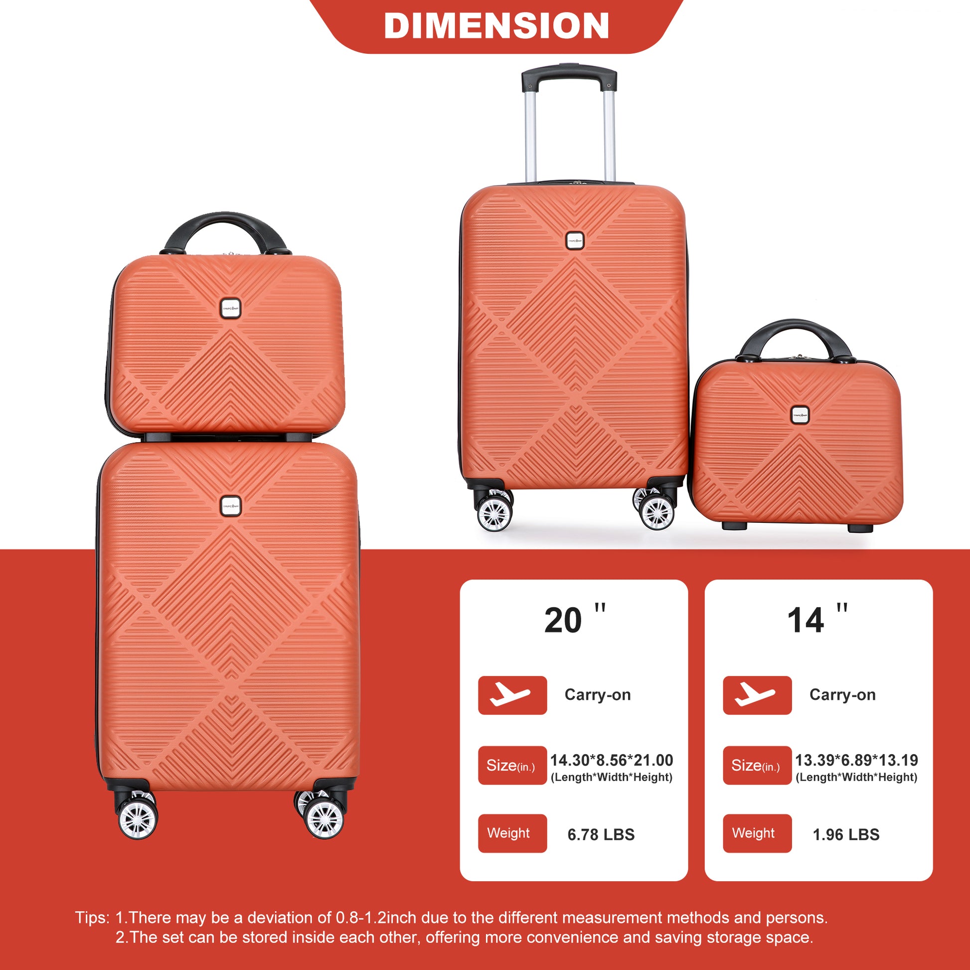 2Piece Luggage Sets Abs Lightweight Suitcasespinner Wheels, 20 14 Dark Orange Orange Dark Orange Abs