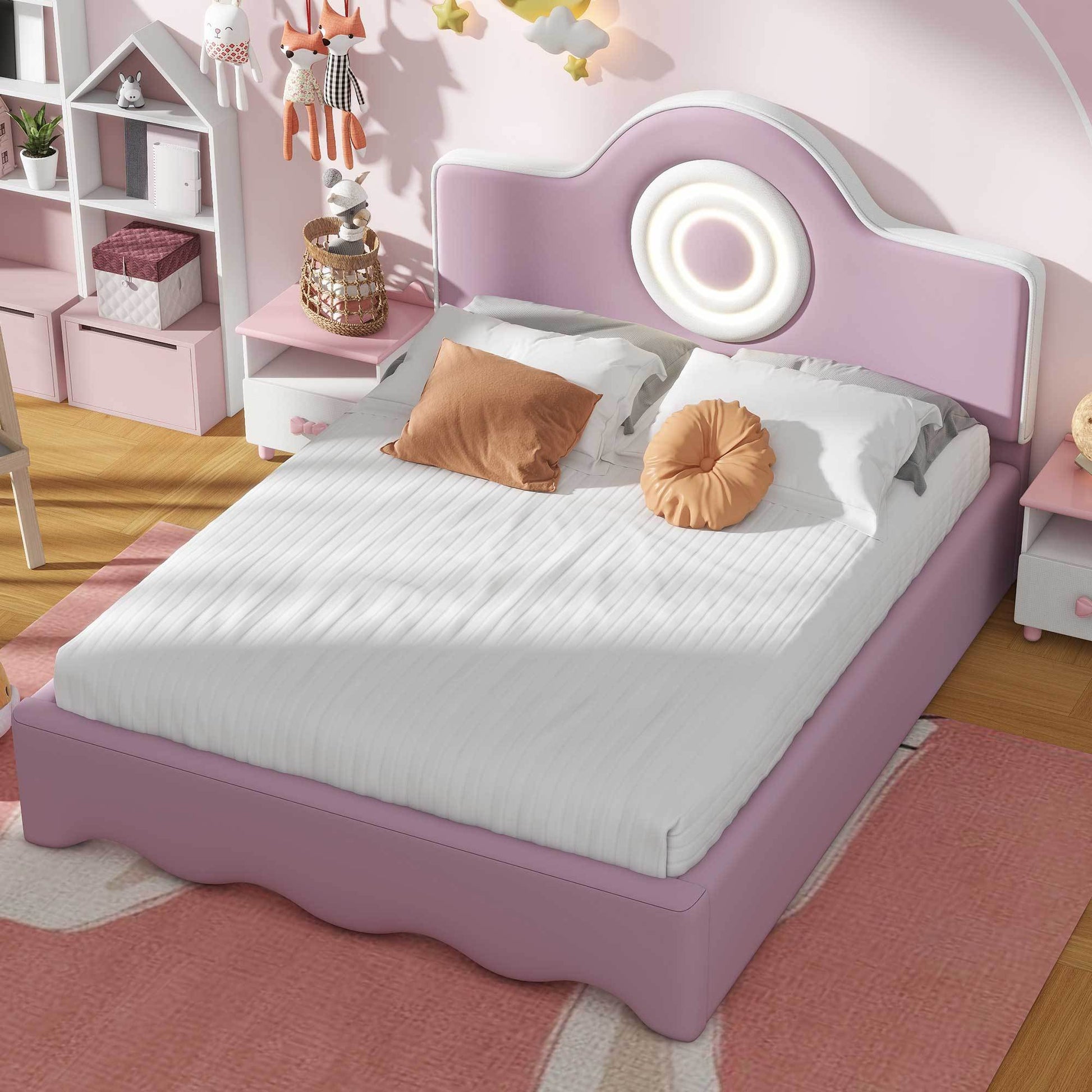Full Size Upholstered Platform Bed With Led Headboard, Pink Box Spring Not Required Full Pink Wood Bedroom Upholstered