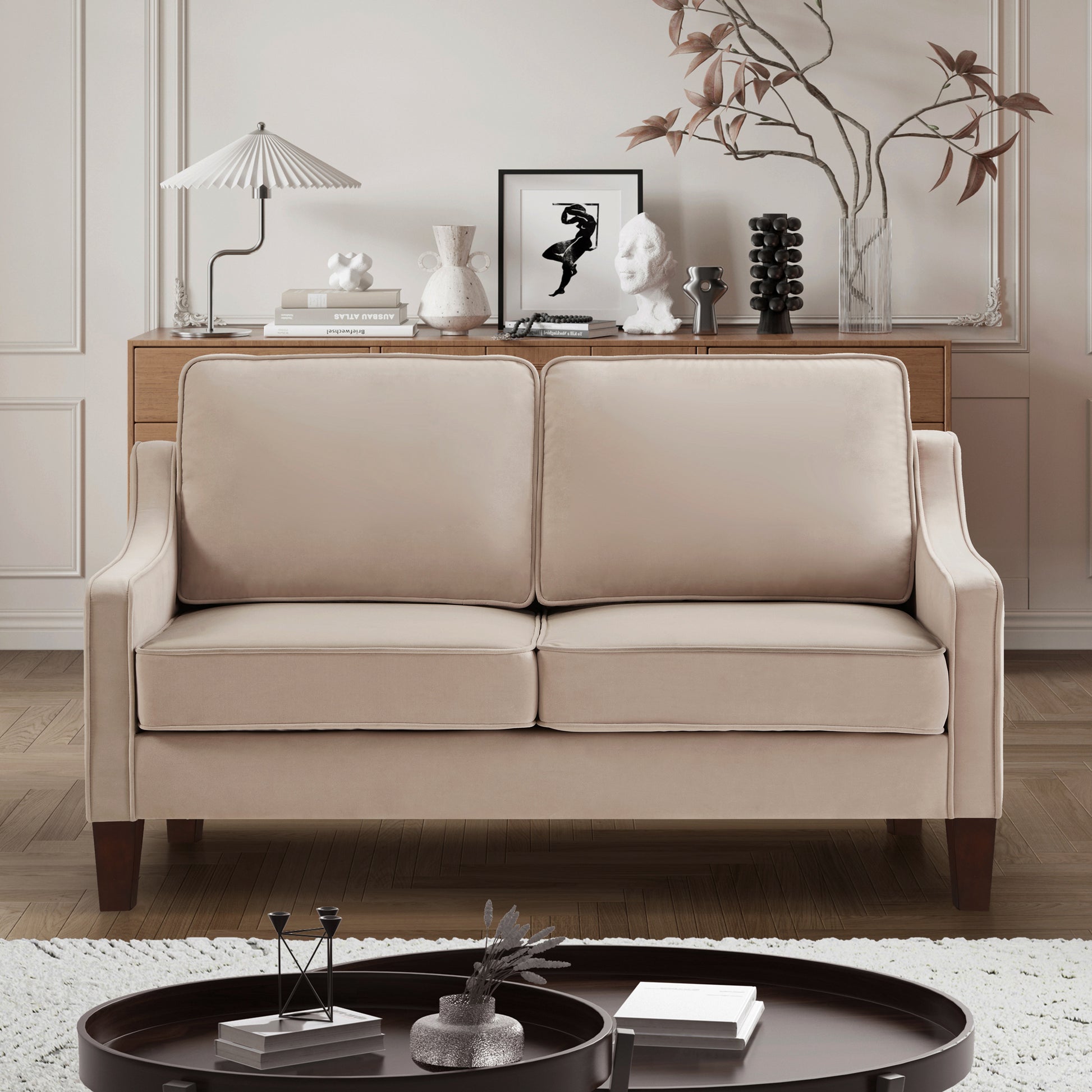 Modern Loveseat Sofa For Living Room, Upholstered Velvet Small Couch With Wooden Legs For Livingroom Bedroom, Taupe Taupe Espresso Velvet Wood Primary Living Space Medium Soft Cushion Back American Design Rubberwood Square Arms Foam Velvet 2 Seat