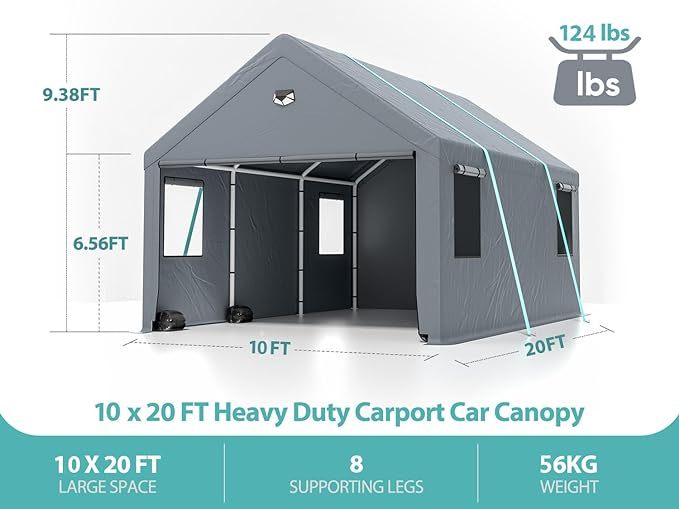 Sannwsg 10X20 Heavy Duty Carport Canopy Extra Large Portable Car Tent Garage With Roll Up Windows And All Season Tarp Cover,Metal Roof &Side Walls For Car, Suv,Boats&Truck Shelter Logic Storage Gray None Garden & Outdoor High Wind Resistant Carports