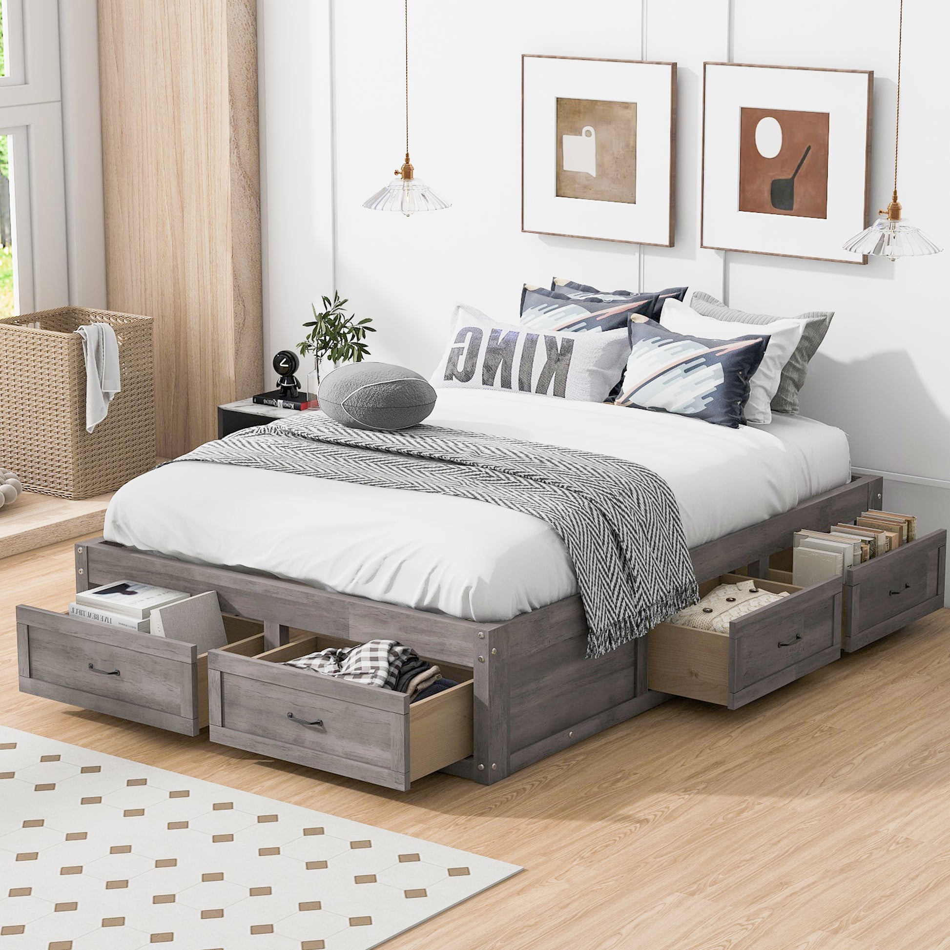 Full Size Platform Bed With 6 Storage Drawers,Antique Gray Antique Gray Mdf Lvl