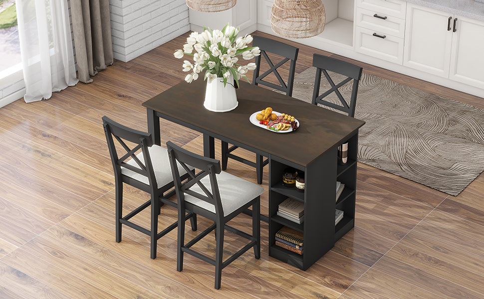 60"Lx30"W Solid Wood Farmhouse Counter Height Dining Table Set With 3 Tier Storage Shelves, Upholstered Dining Chairs For 4, 5 Piece, Gray Wood Dining Room Solid Wood Rubberwood Rectangular Dining Table With Chair Wood Wood Gray Seats 4 Farmhouse 4 Leg