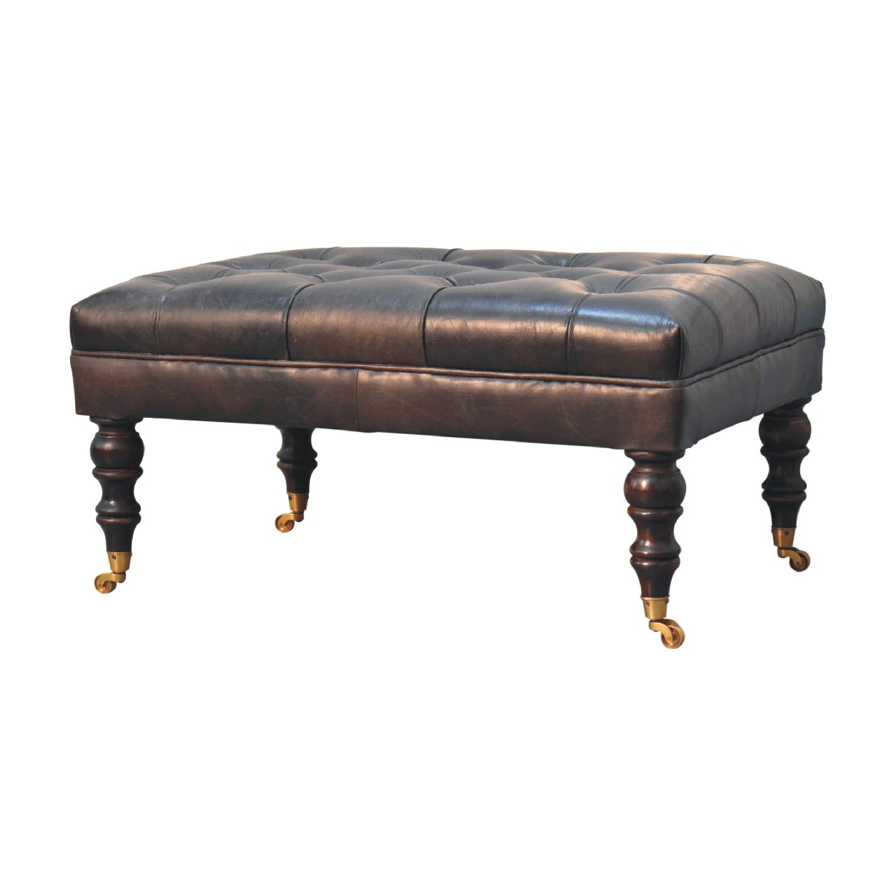 Buffalo Ash Black Leather Ottoman With Castor Legs Black Leather Solid Wood