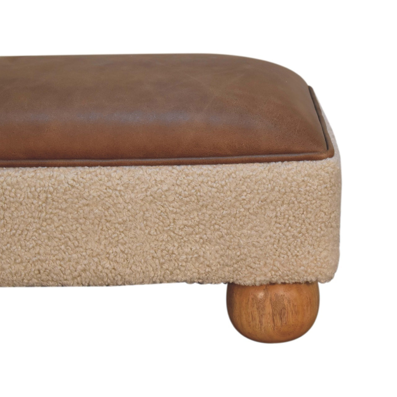 Tan Leather Boucle Ball Footstool Tan Leather Wood Fabric