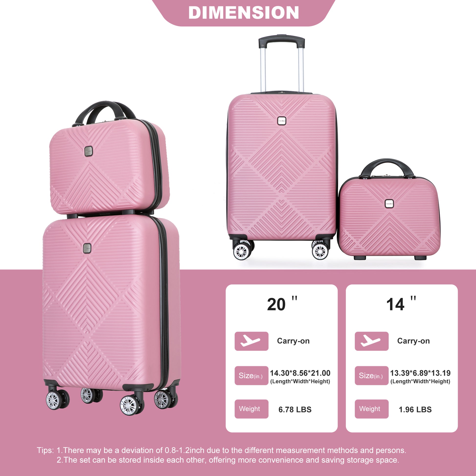 2Piece Luggage Sets Abs Lightweight Suitcasespinner Wheels, 20 14 Pink Pink Abs