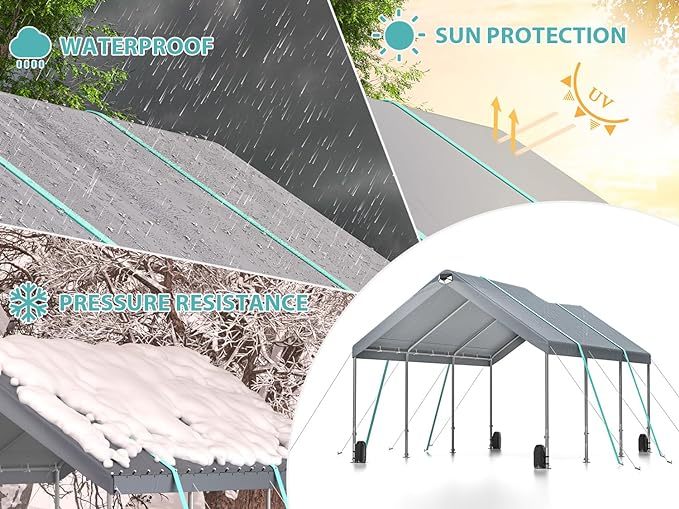 Sannwsg 10 * 20 Heavy Duty Carport Canopy Extra Large Portable Car Tent Garage With Adjustable Peak Height From 9.5Ft To 11Ft,Removable Roof &Side Walls For Car, Suv,Boats Gray Rectangular None Garden & Outdoor Water Resistant Carports Metal