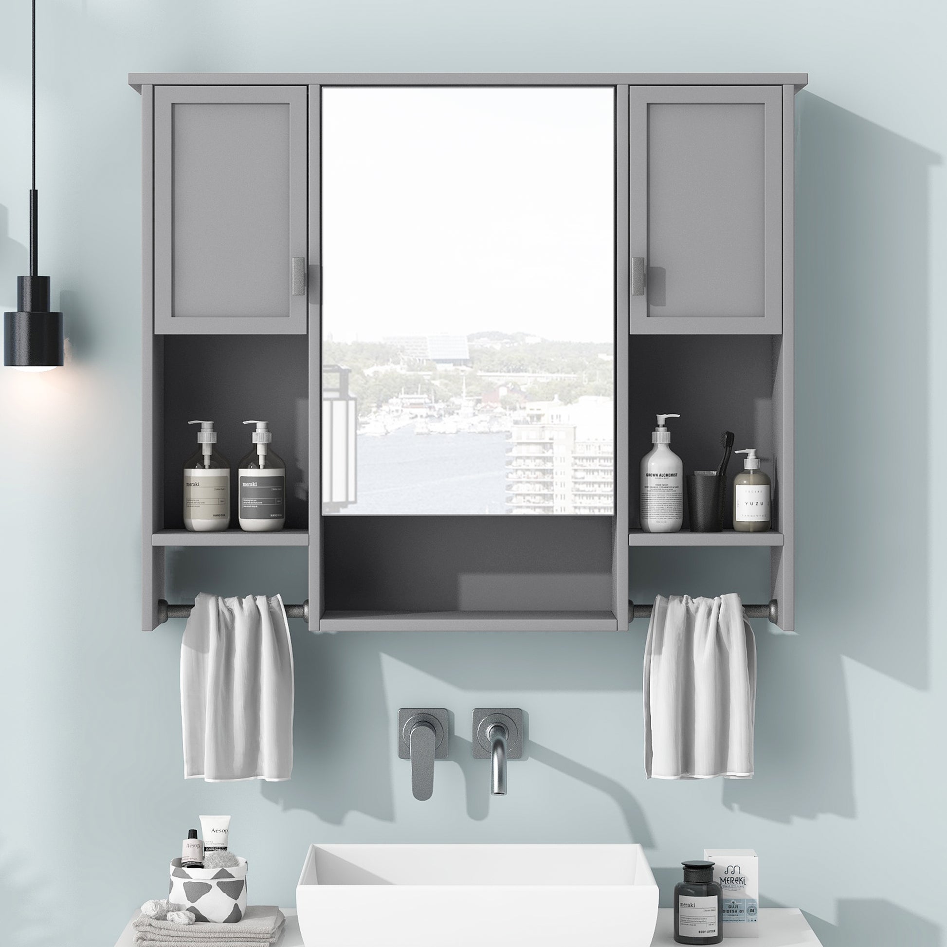 35'' X 28'' Modern Wall Mounted Bathroom Storage Cabinet, Bathroom Wall Cabinet With Mirror, Medicine Cabinet With Towels Bar Grey 2 5 Mirror Included Bathroom Wall Mounted Mdf Painted