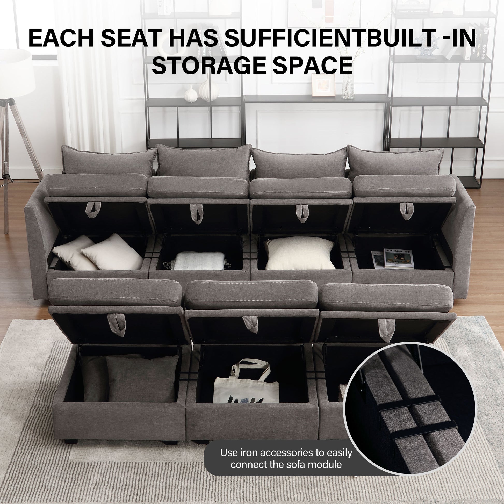 Modular Sectional Sofa, Convertible Sofa Couch With Storage, Sleeper Sectional Sofa Set, Flexible Modular Combinations Fabric Couch For Living Room Grey Wood Soft Heavy Duty Fabric 1 Seat