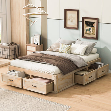 Full Size Platform Bed With 6 Storage Drawers,Antique Natural Antique Natural Mdf Lvl