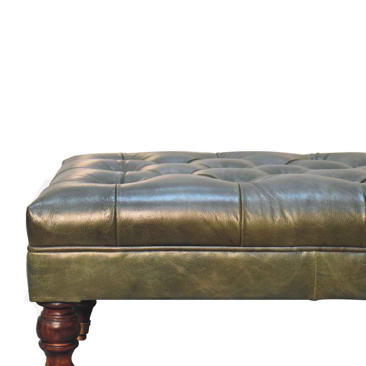 Buffalo Green Leather Ottoman With Castor Legs Green Leather Solid Wood