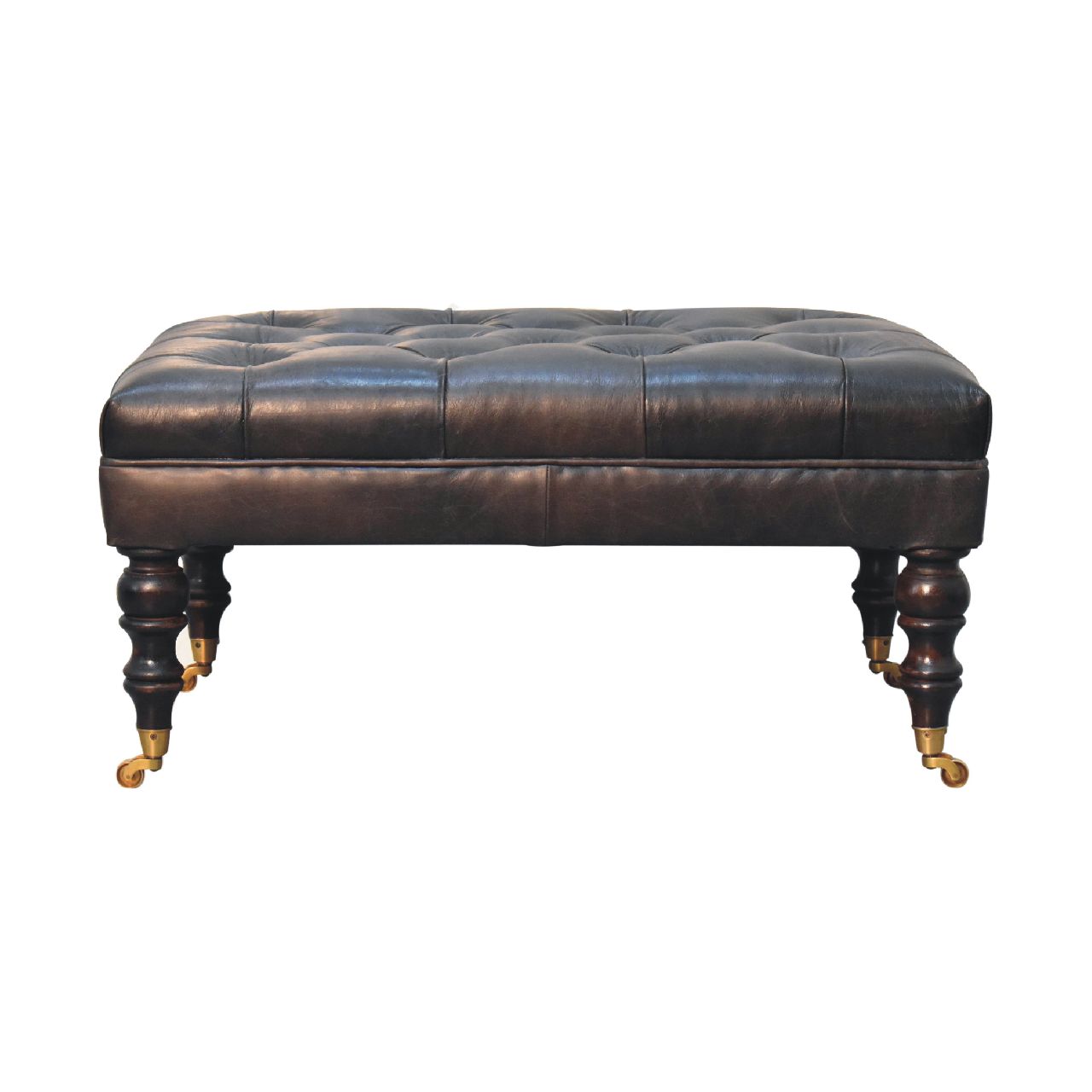 Buffalo Ash Black Leather Ottoman With Castor Legs Black Leather Solid Wood