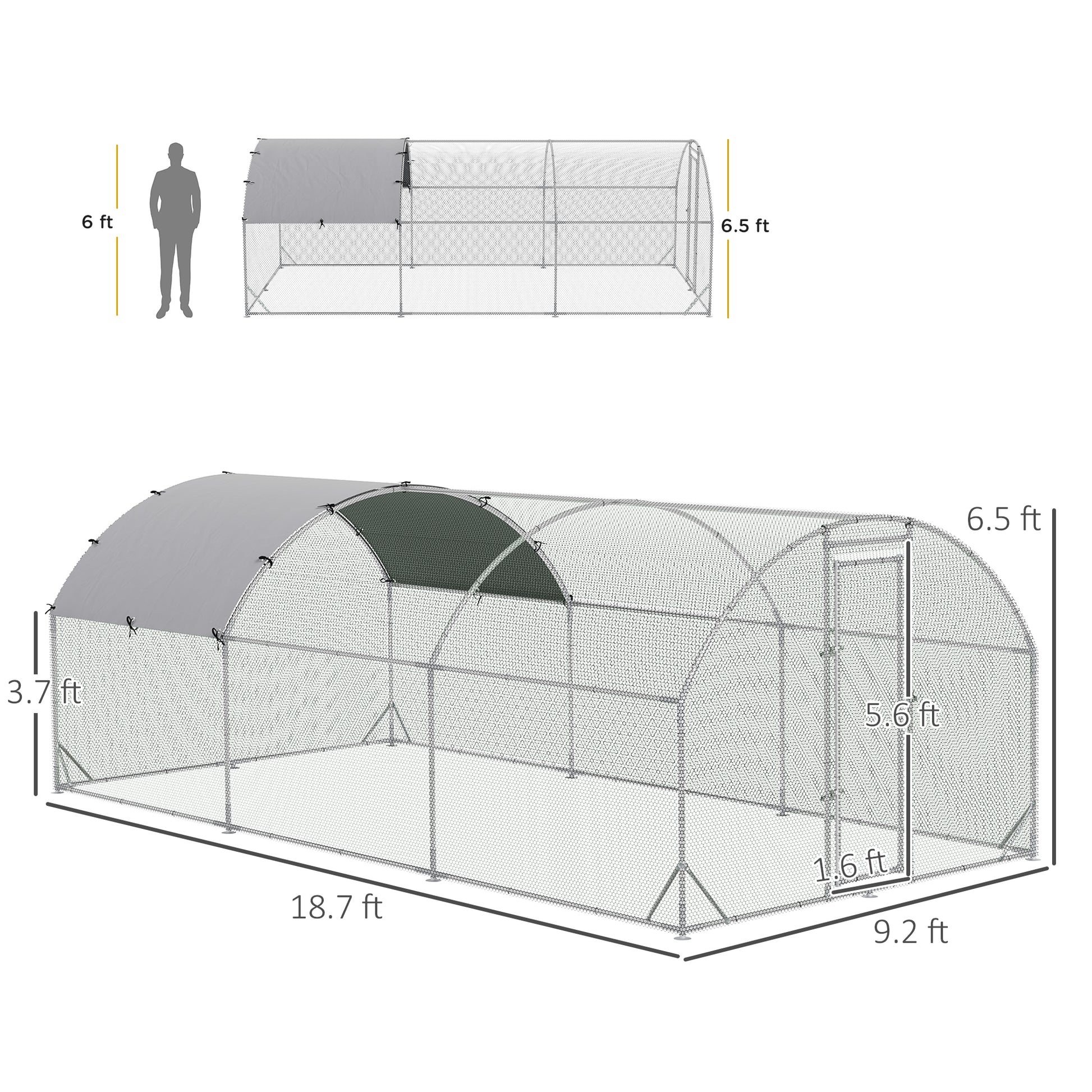 Pawhut Large Chicken Coop Metal Chicken Run With Waterproof And Anti Uv Cover, Dome Shaped Walk In Fence Cage Hen House For Outdoor And Yard Farm Use, 1" Tube Diameter, 9.2' X 18.7' X 6.5' Silver Steel