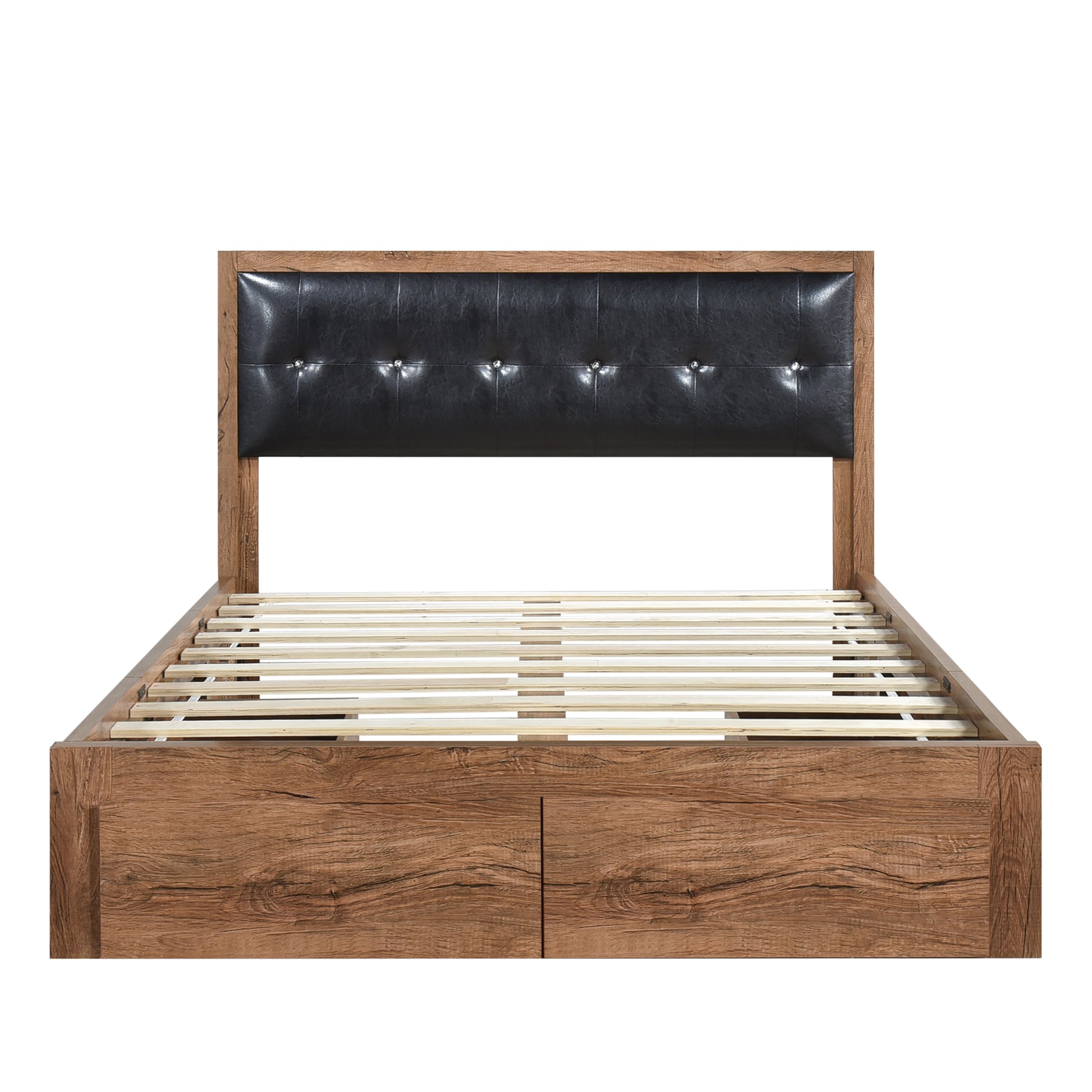 Queen Size Wood Platform Bed With Upholstered Headboard And 4 Drawers Box Spring Not Required Queen Walnut Wood Bedroom Bed Frame Faux Leather Solid Wood Mdf