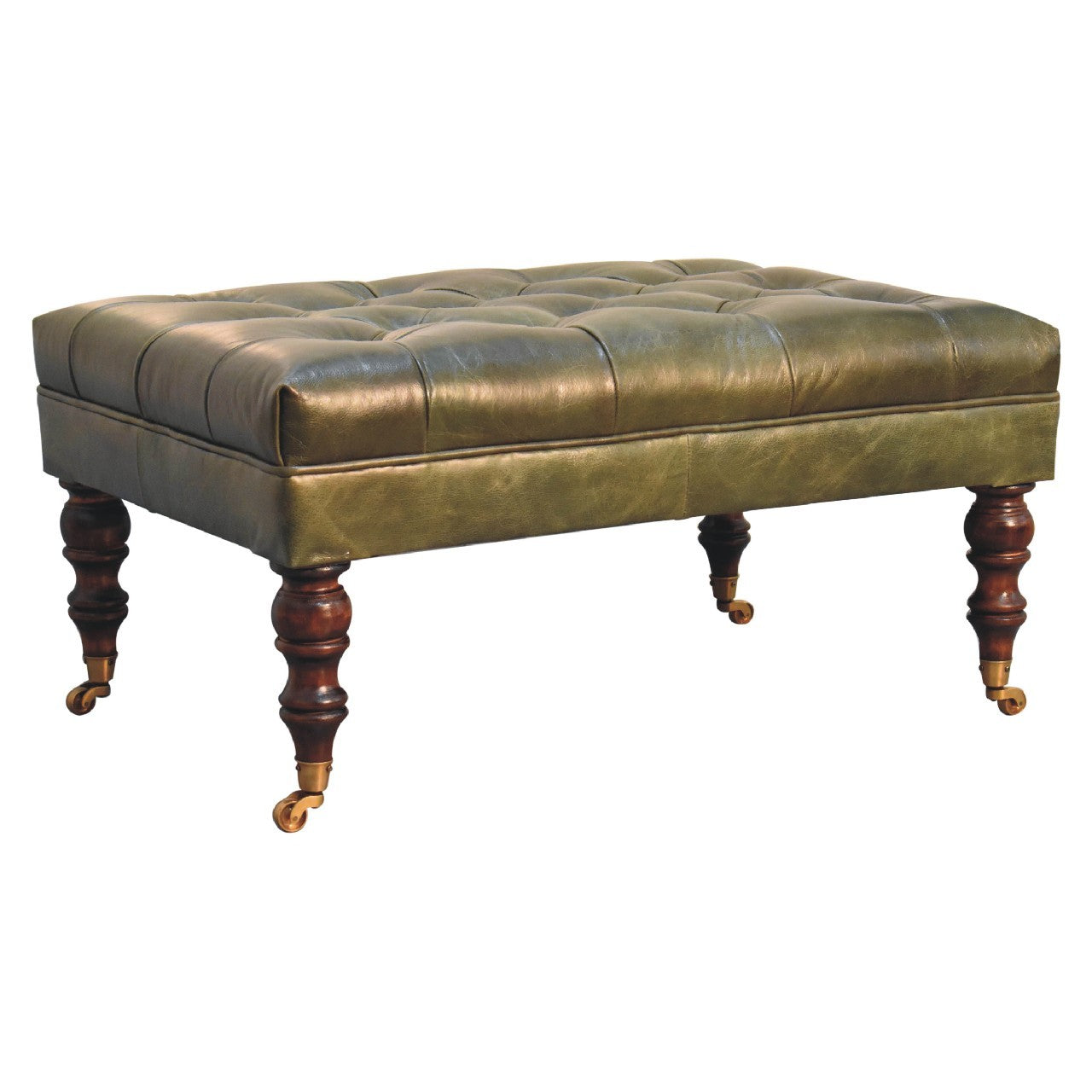 Buffalo Green Leather Ottoman With Castor Legs Green Leather Solid Wood