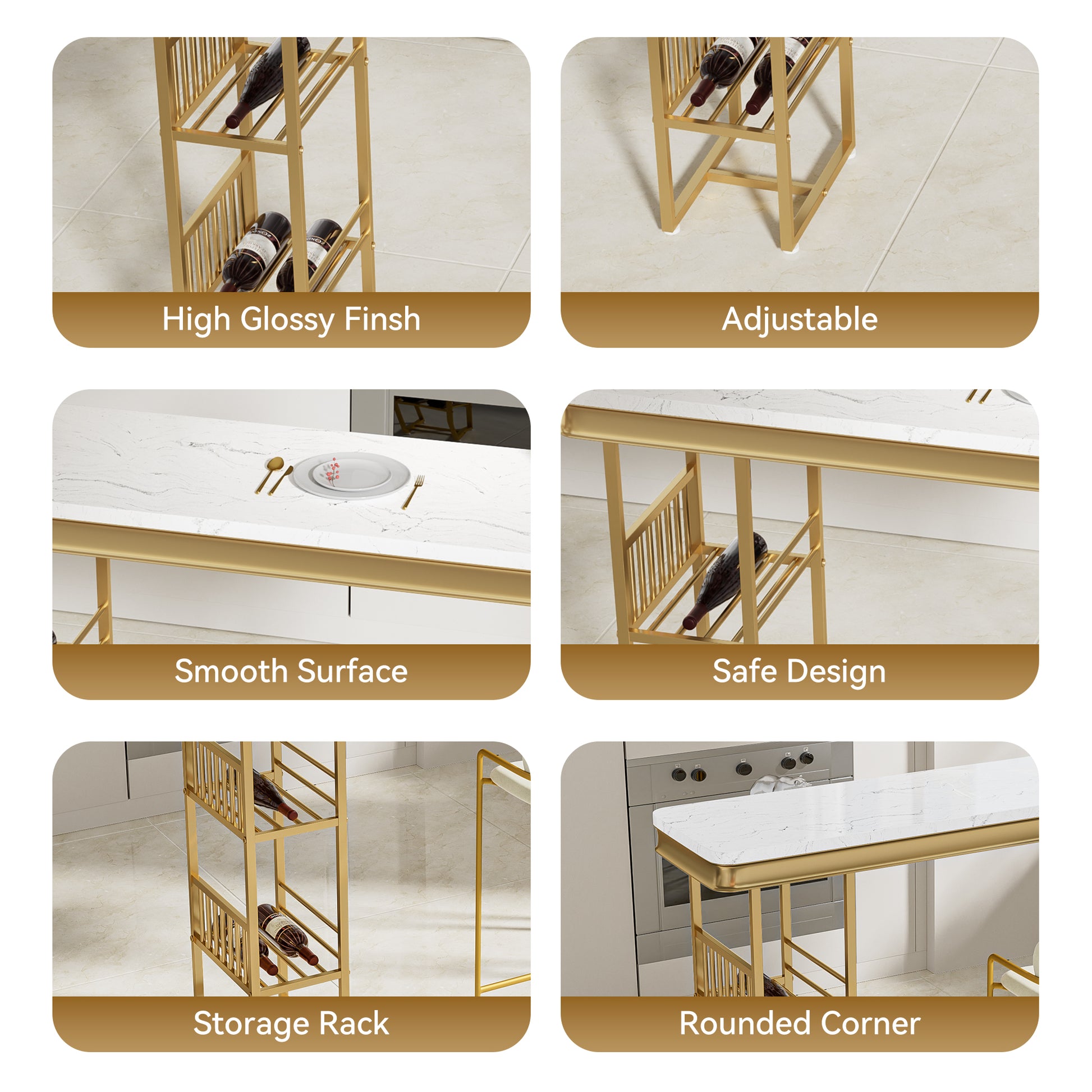 55.1" Modern Straight Bar Table With Shelves In White & Gold White Gold Dining Room Contemporary Floor Mount Rectangular Kitchen & Dining Tables Glossy Rectangular Mdf Metal