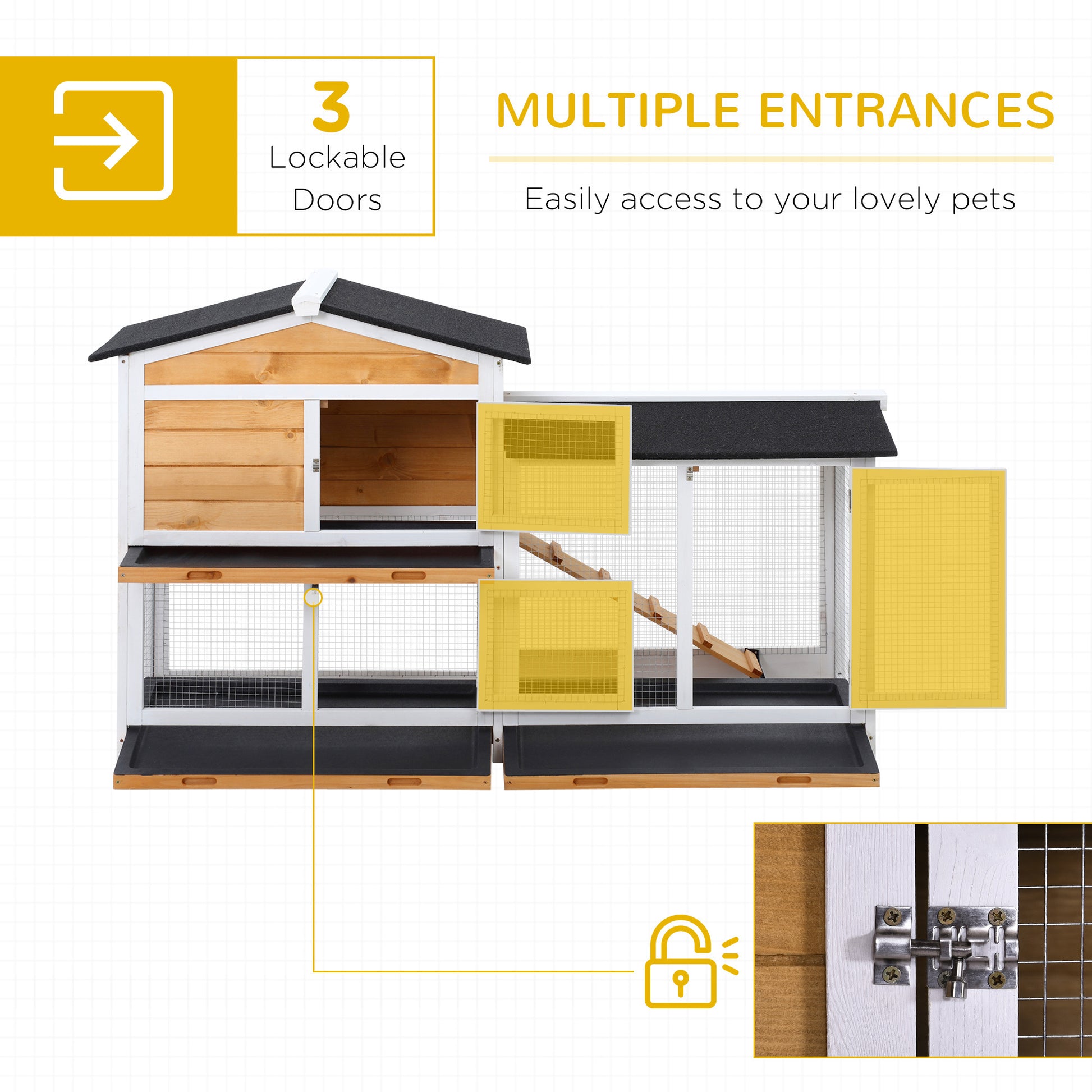 Pawhut 2 Story Rabbit Hutch Wooden Bunny Hutch Cage Small Animal House With Ramp, No Leak Tray, Weatherproof Roof And Outdoor Run, Indoor Outdoor, Yellow Yellow Wood