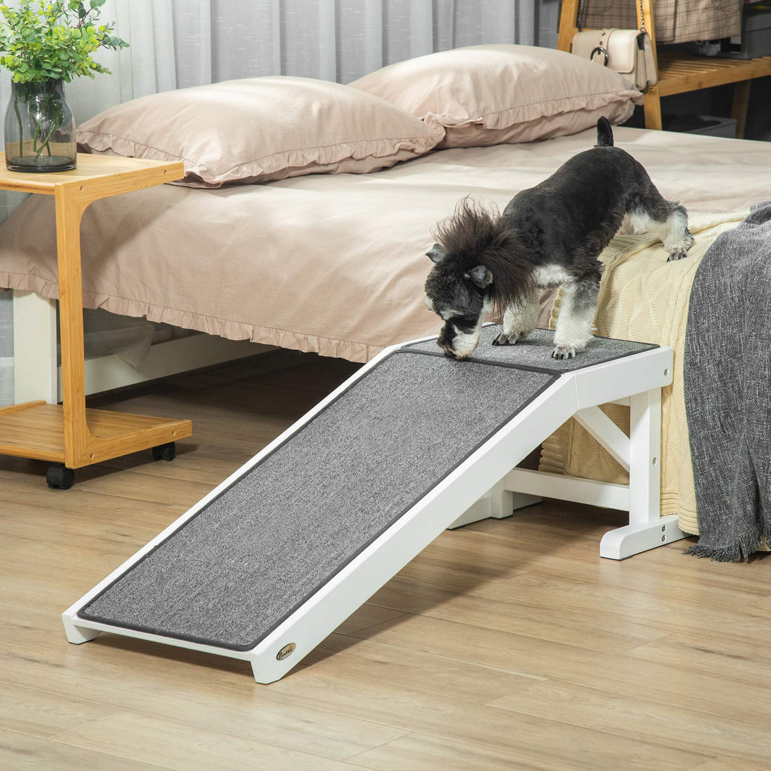 Pawhut Dog Ramp For Bed, Pet Ramp For Dogs With Non Slip Carpet And Top Platform, 49" X 16" X 14", White White Wood