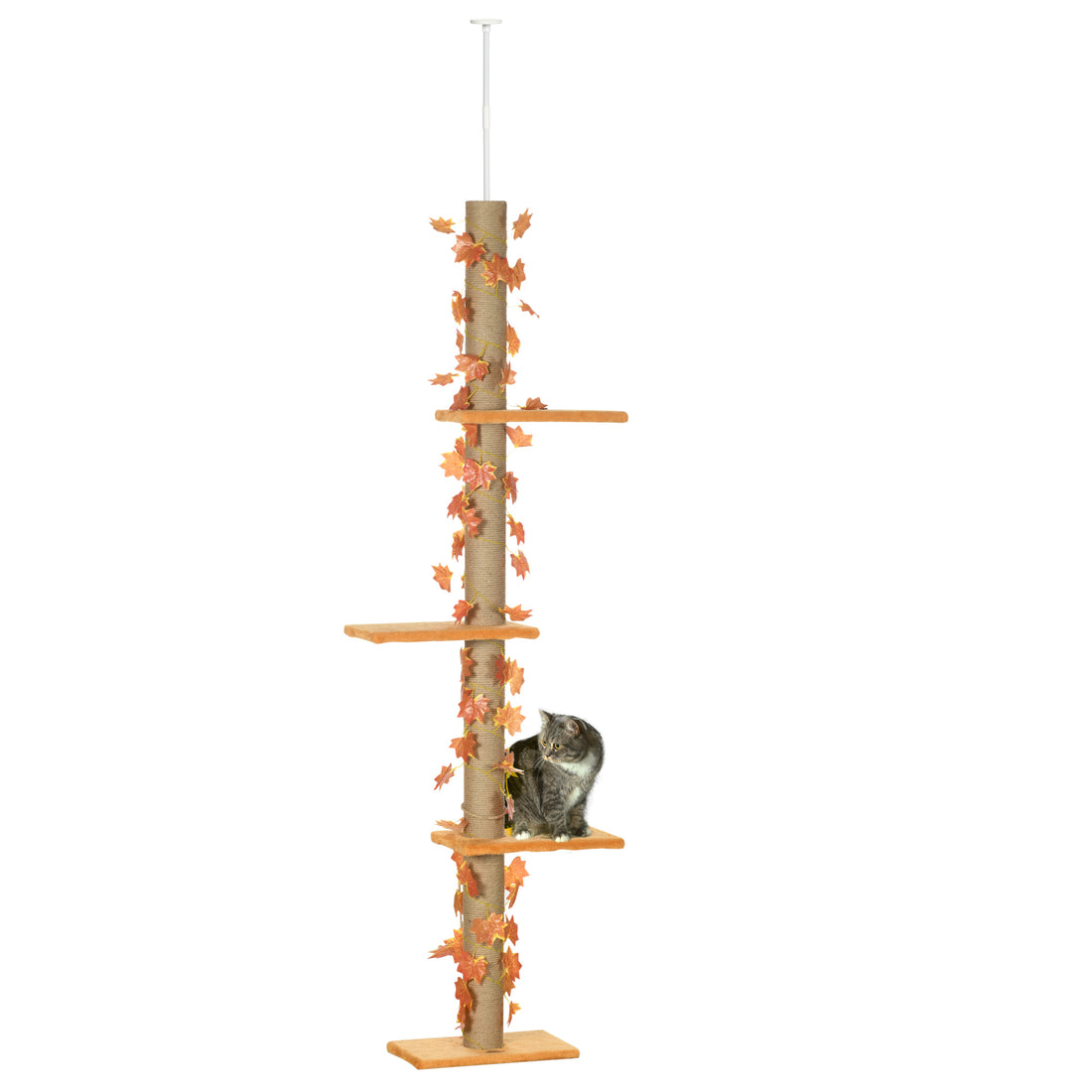 Pawhut Floor To Ceiling Cat Tree, 80" 95" Adjustable Tall Cat Tower, 3 Level Cat Climbing Towe For Indoor Cats With Sisal Scratching Post, Platforms, Leaves, Orange Orange Particle Board