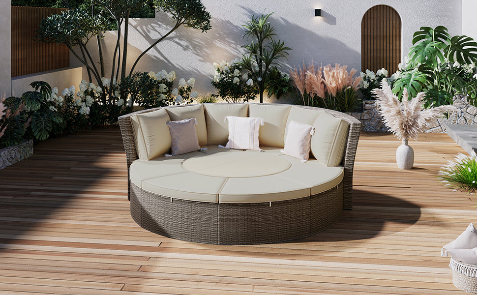 Patio 5 Piece Round Rattan Sectional Sofa Set All Weather Pe Wicker Sunbed Daybed With Round Liftable Table And Washable Cushions For Outdoor Backyard Poolside, Gray Yes Deep Seating Gray Water Resistant Frame Water Resistant Cushion Garden & Outdoor