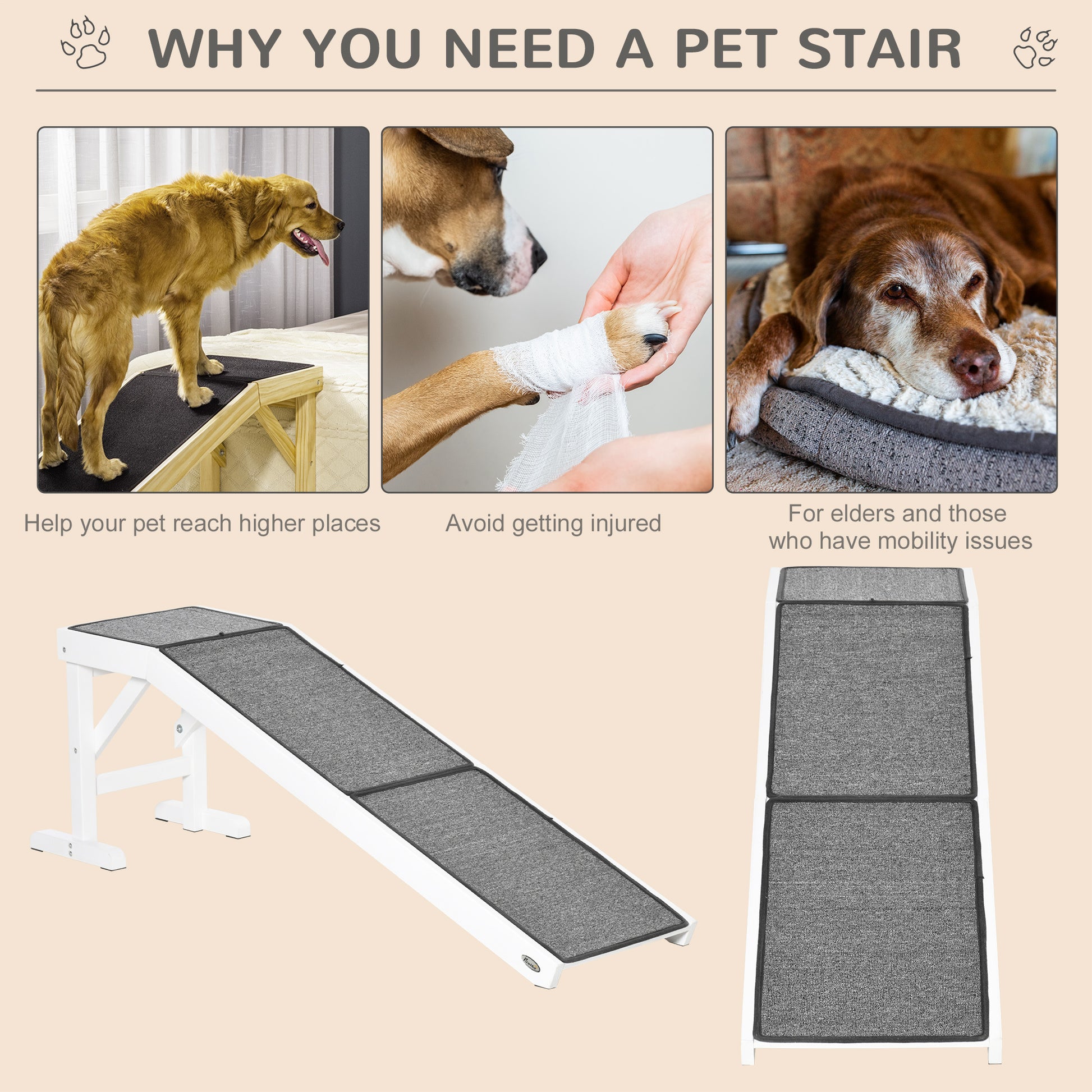 Pawhut Dog Ramp For Bed, Pet Ramp For Dogs With Non Slip Carpet And Top Platform, 60" X 16" X 20", White White Wood