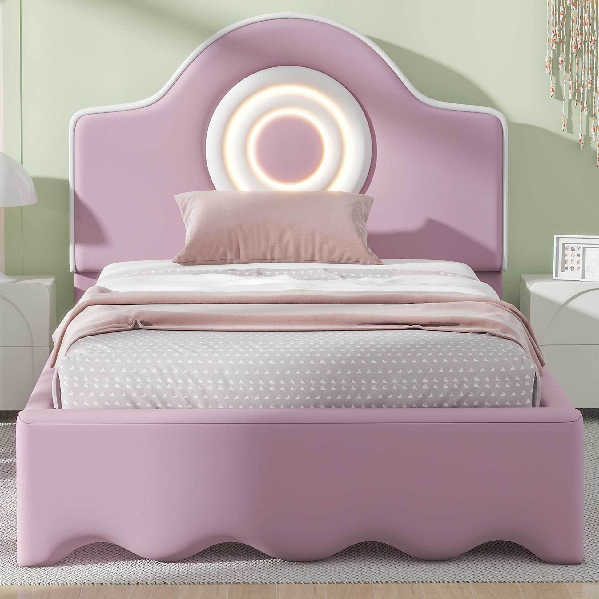 Twin Size Upholstered Platform Bed With Led Headboard, Pink Box Spring Not Required Twin Pink Wood Bedroom Upholstered