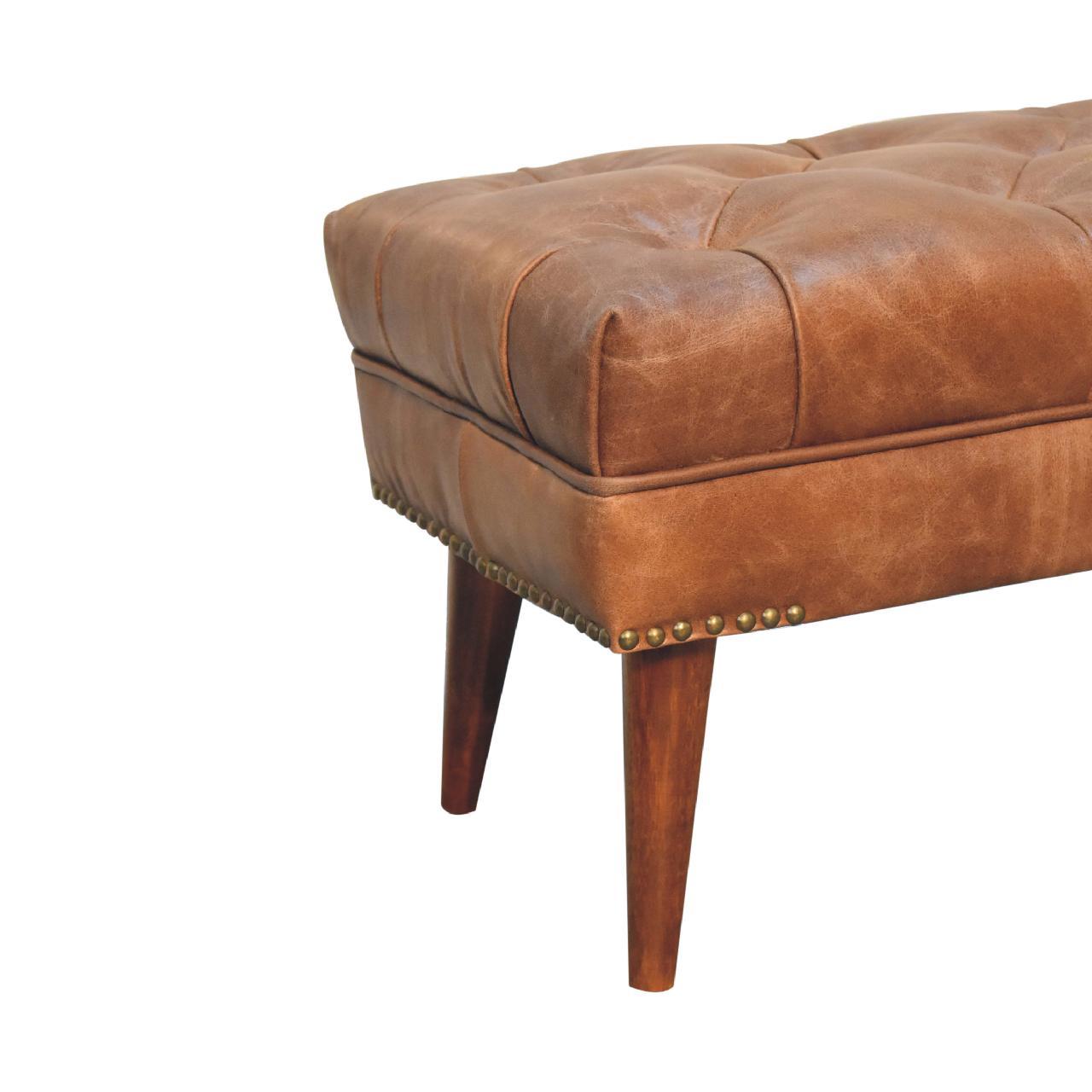 Harbour Brown Leather Bench Chestnut Leather Solid Wood