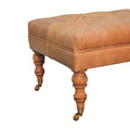 Buffalo Tan Leather Ottoman With Castor Legs Walnut Leather Solid Wood