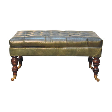 Buffalo Green Leather Ottoman With Castor Legs Green Leather Solid Wood