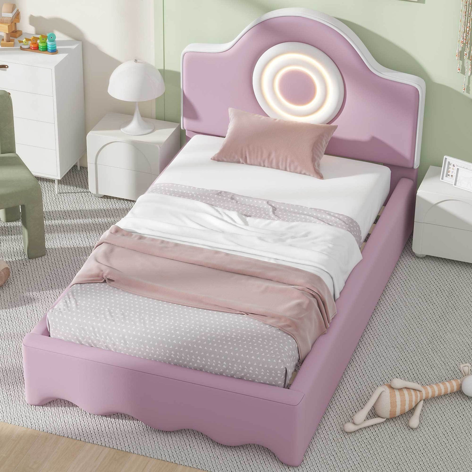 Twin Size Upholstered Platform Bed With Led Headboard, Pink Box Spring Not Required Twin Pink Wood Bedroom Upholstered