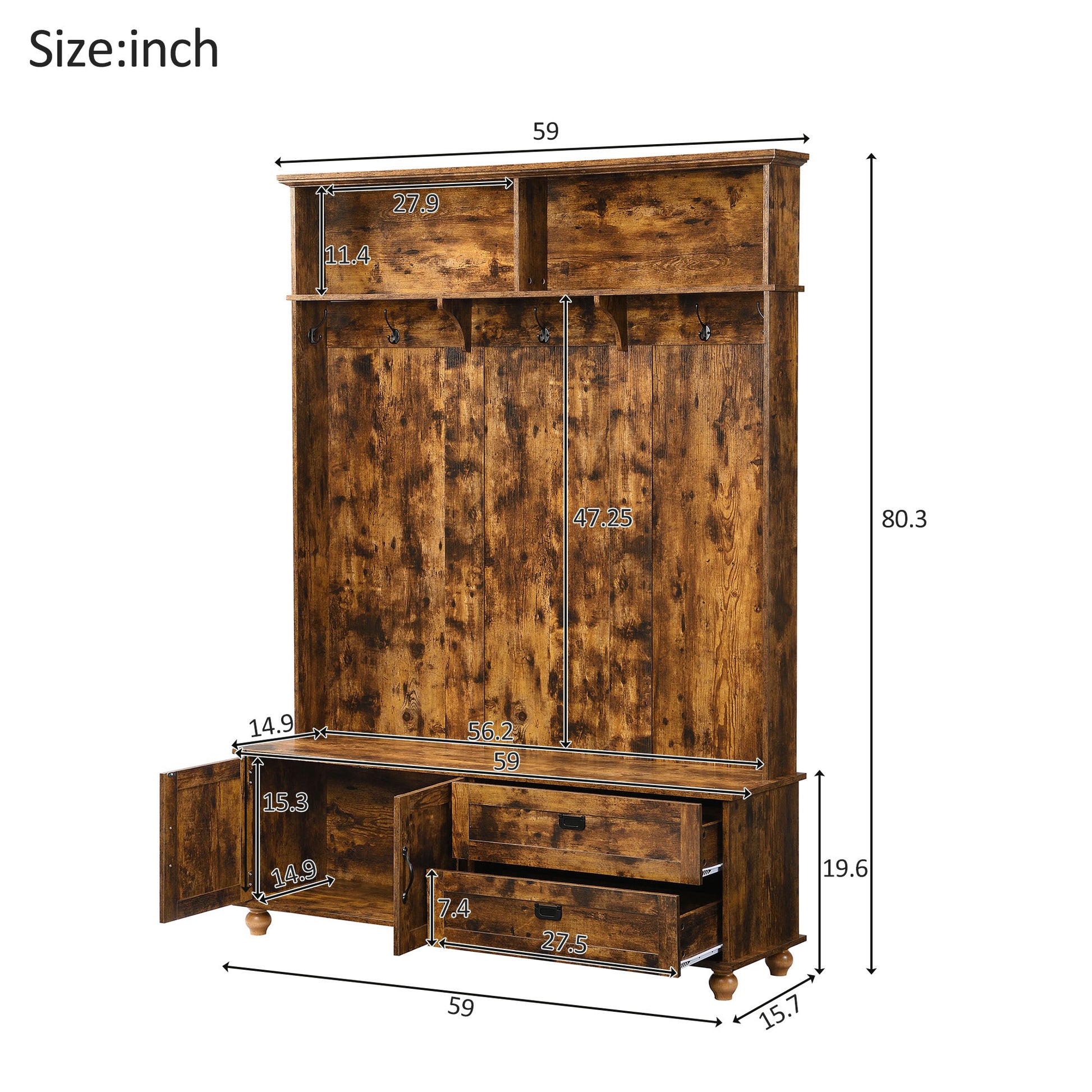 Modern Style Hall Tree With Storage Cabinet And 2 Large Drawers, Widen Mudroom Bench With 5 Coat Hooks, Rustic Brown Rustic Brown Primary Living Space Particle Board