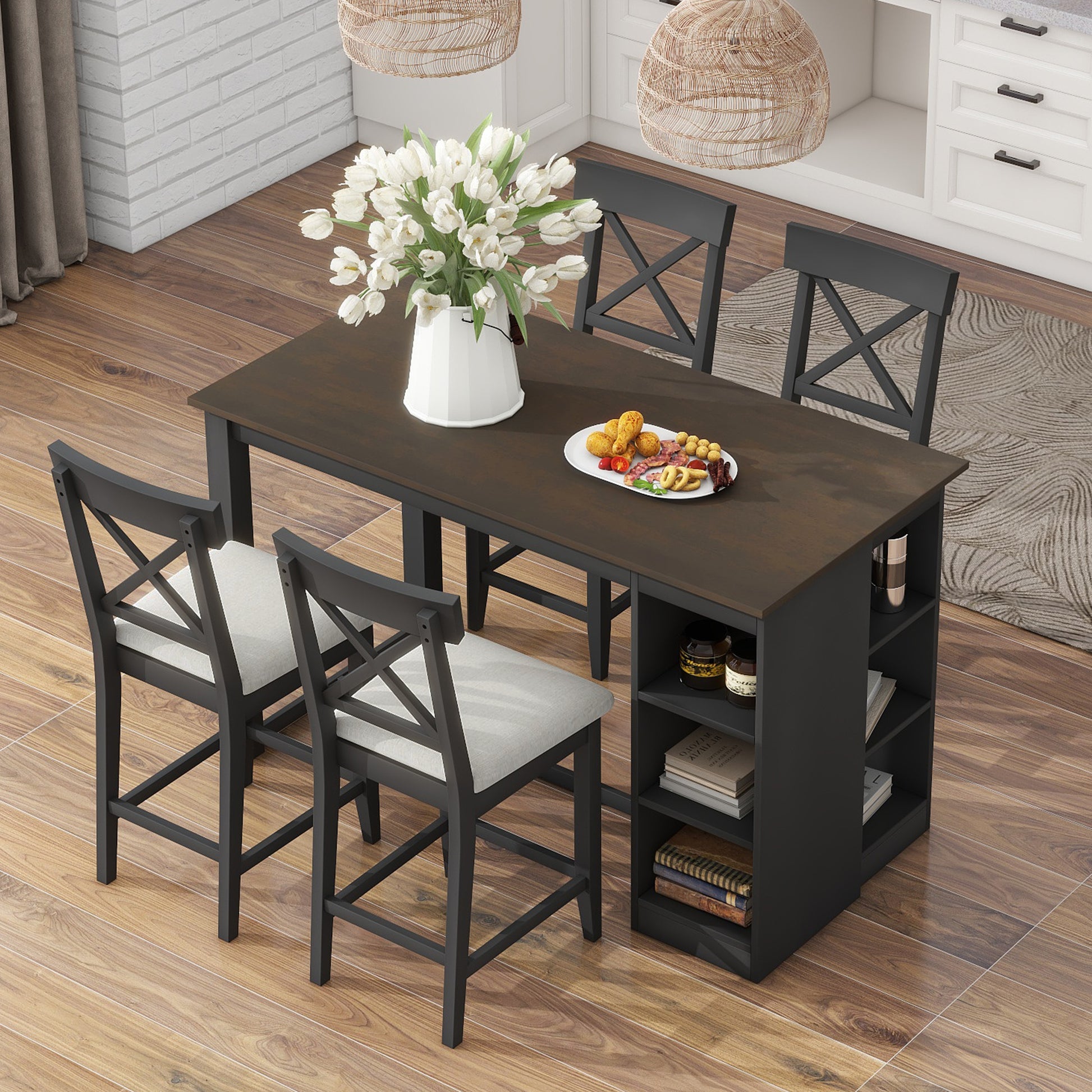 60"Lx30"W Solid Wood Farmhouse Counter Height Dining Table Set With 3 Tier Storage Shelves, Upholstered Dining Chairs For 4, 5 Piece, Gray Wood Dining Room Solid Wood Rubberwood Rectangular Dining Table With Chair Wood Wood Gray Seats 4 Farmhouse 4 Leg