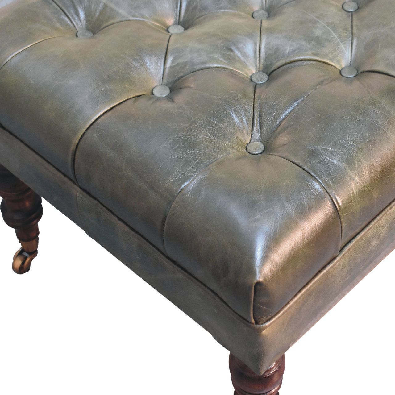 Buffalo Green Leather Ottoman With Castor Legs Green Leather Solid Wood