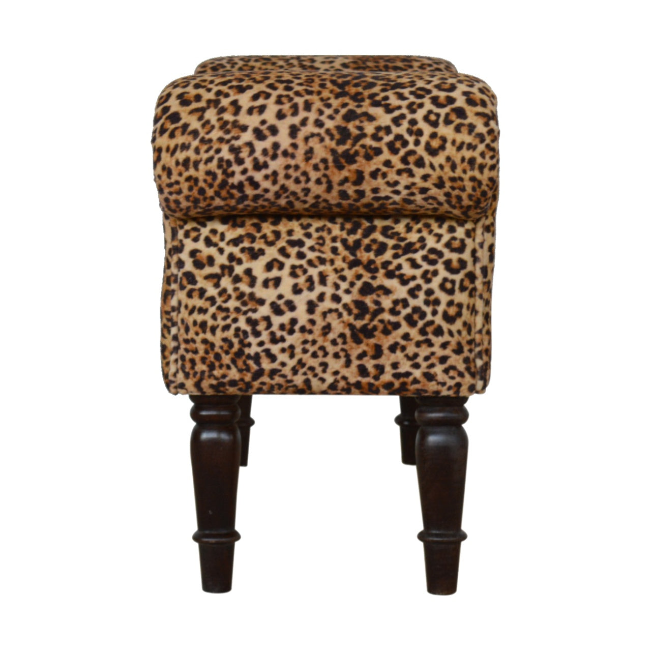 Leopard Print Velvet Bench Walnut Wood Fabric