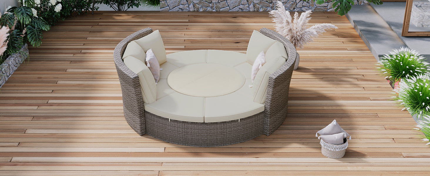 Patio 5 Piece Round Rattan Sectional Sofa Set All Weather Pe Wicker Sunbed Daybed With Round Liftable Table And Washable Cushions For Outdoor Backyard Poolside, Gray Yes Deep Seating Gray Water Resistant Frame Water Resistant Cushion Garden & Outdoor