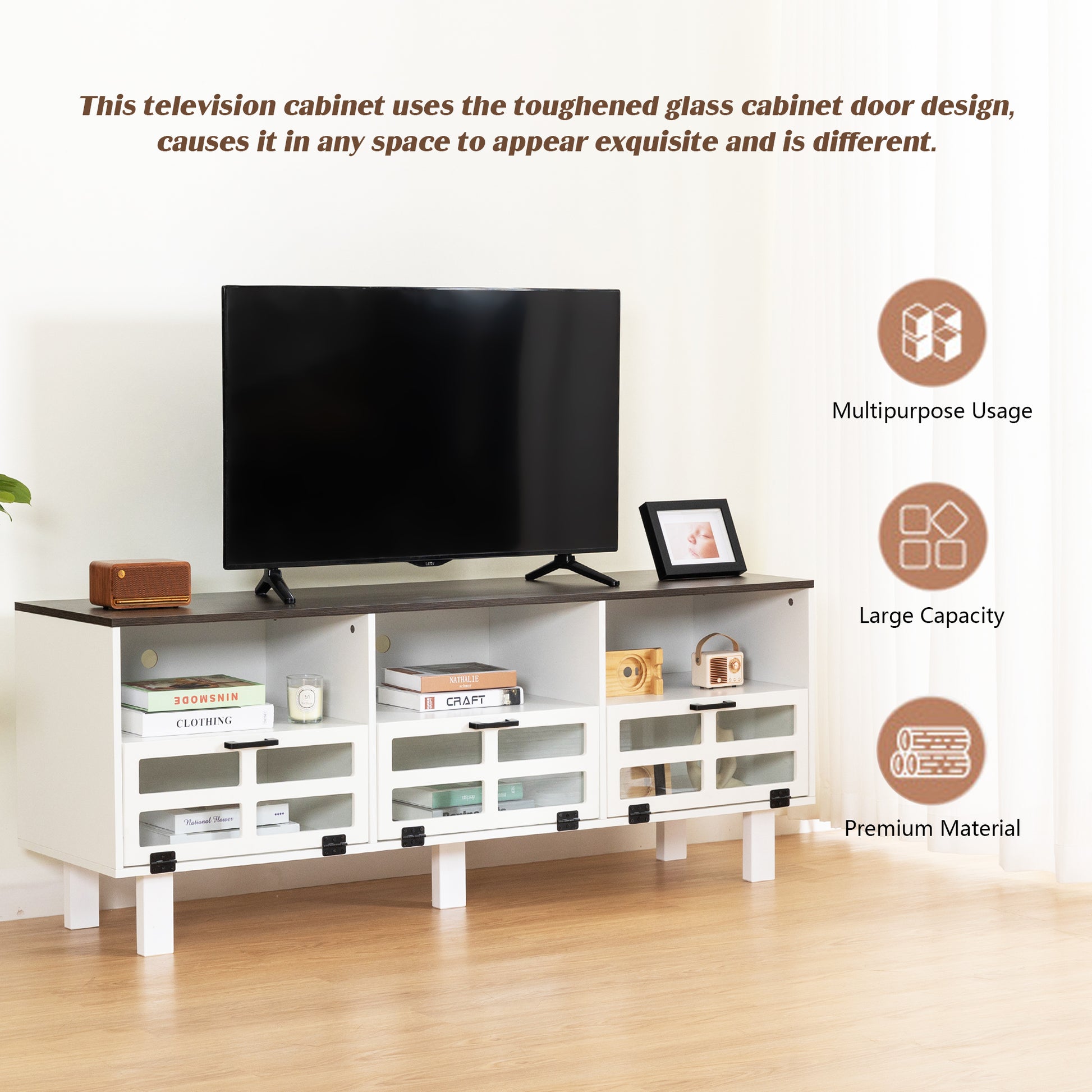 Tv Stand,Tv Cabinet,American Country Style Tv Lockers,The Toughened Glass Door Panel,Metal Handles,Birch Legs,Turn Down The Drawer,Can Be Placed In Lounge Room,Living Room Or Bedroom,Color:White Gray White Gray Primary Living Space 60 69 Inches 60 69